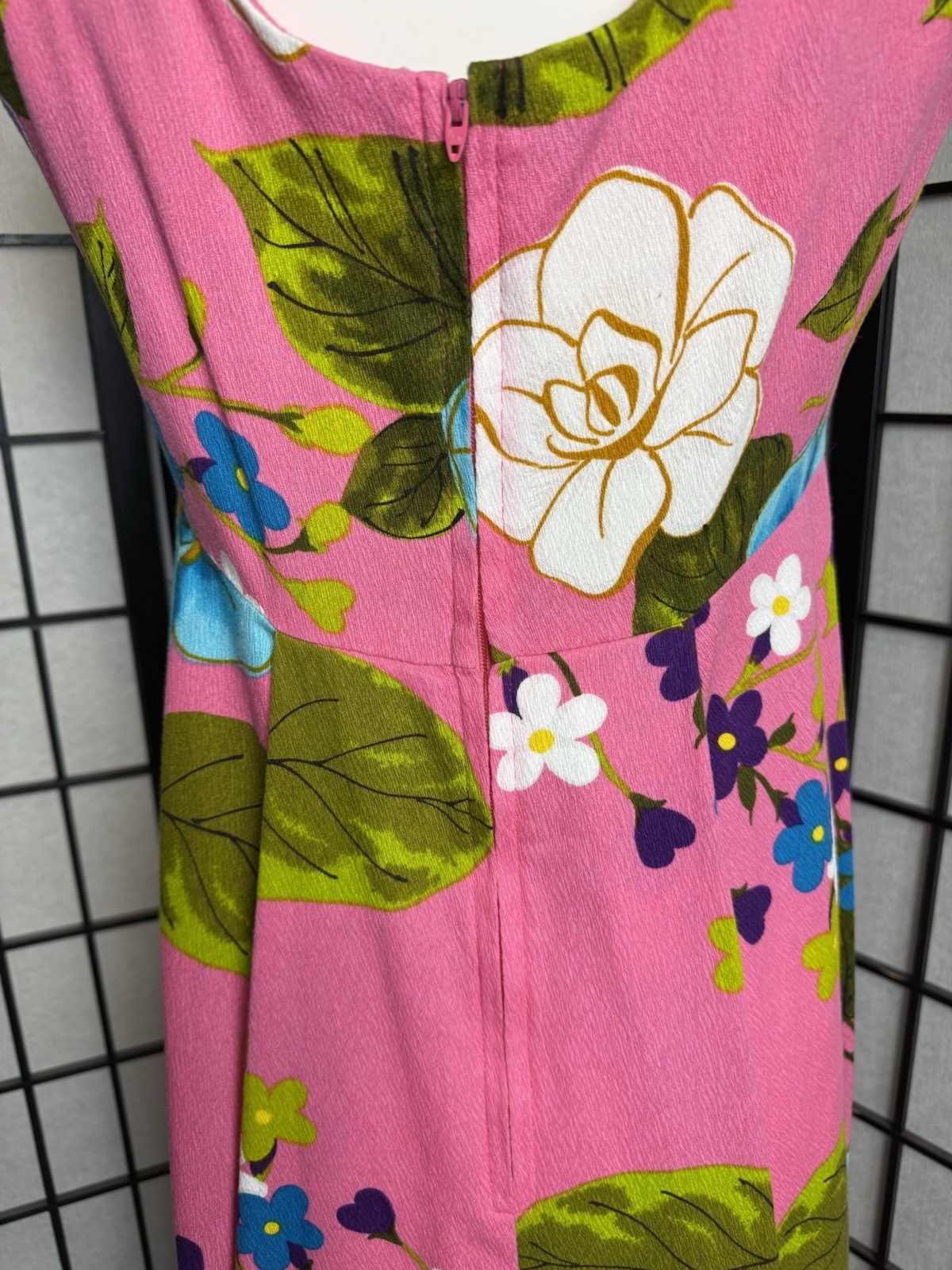 VTG 60s Ui-Maikai Hawaiian Pink Floral Barkcloth Maxi Dress Resort Tiki Luau