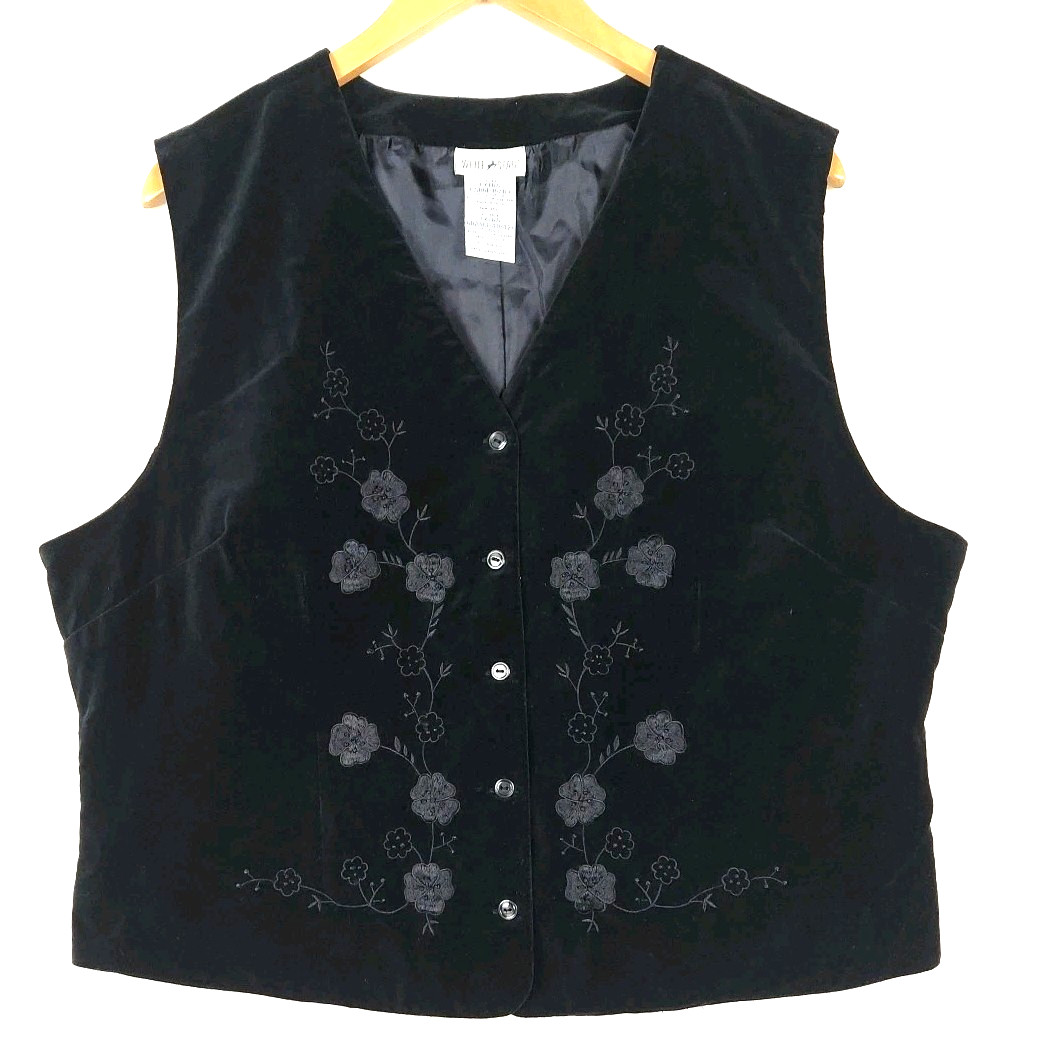 Vintage 80s Vest Womens XLarge 16/18 Black Velvet Floral Embroidery Whimsigoth