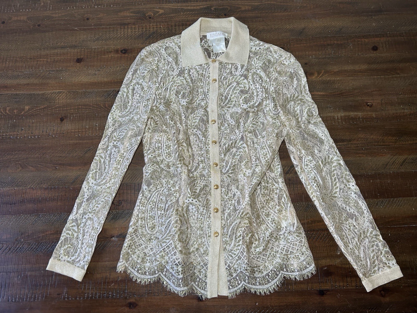 ❌damaged ❌ Escada Gold Lace Blouse Sheer Metallic Vintage Size 40 Designer