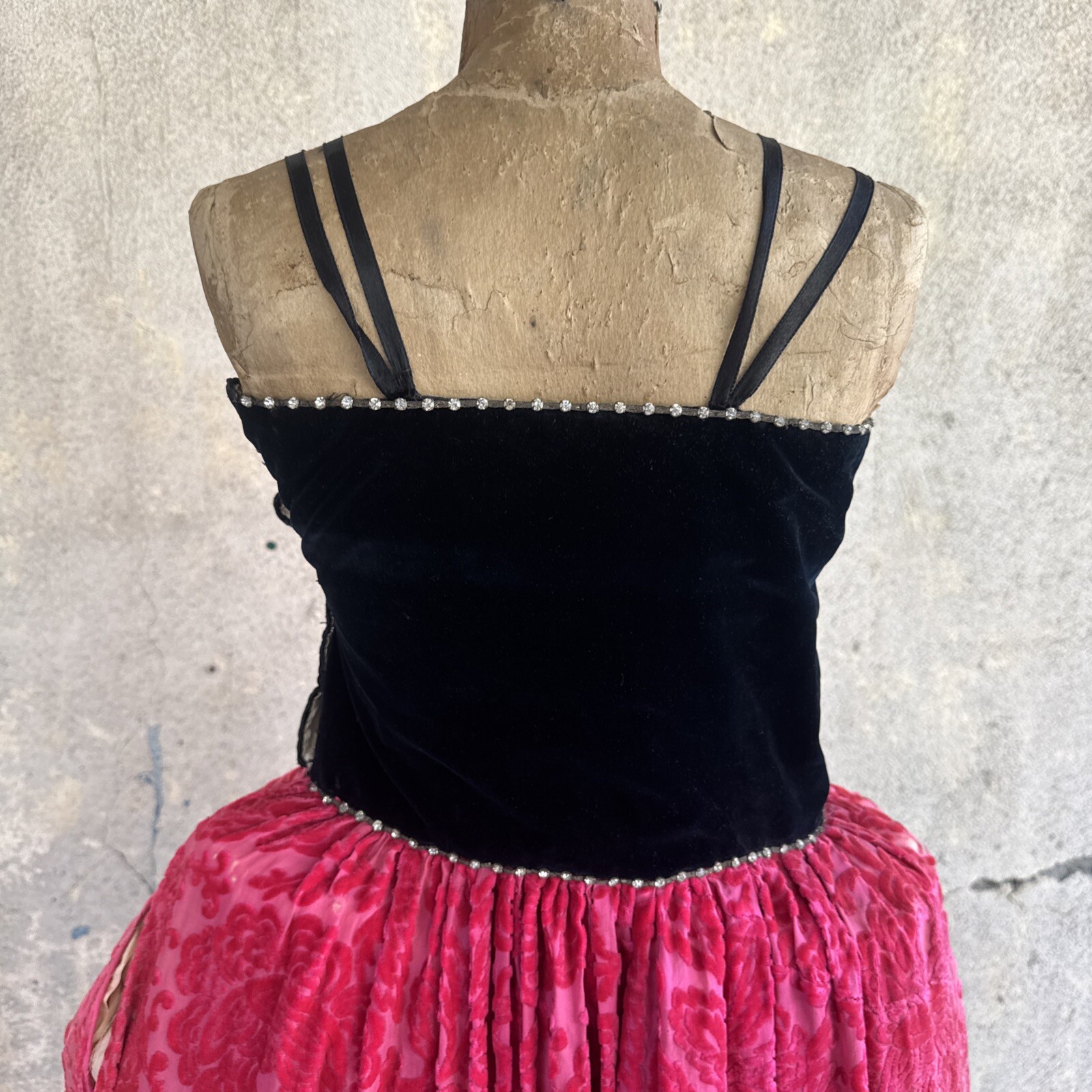 Antique 1920s Robe De Style Stage Dress Pink Devore Velvet Fringe Rhinestone VTG