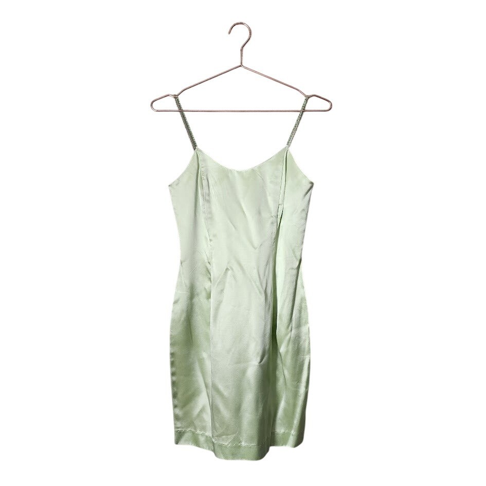 JESSICA MCCLINTOCK 90s Y2K Satin Slip Dress Mint Green Rhinestone McBling 5/6