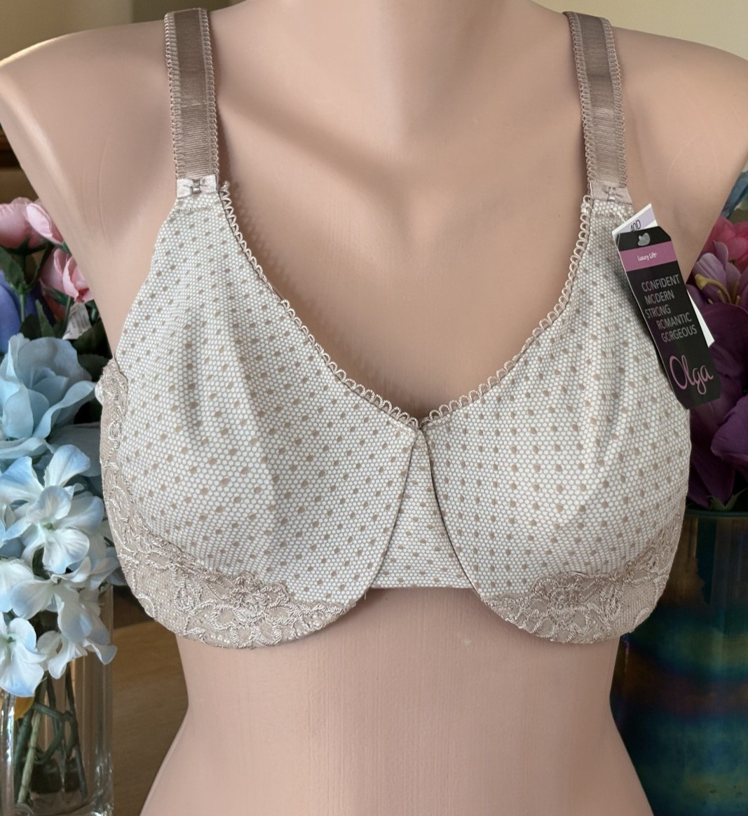 OLGA 40D Tan Polka Dot Luxury Lift Full Figure Molded Underwire Bra #35063 NWT
