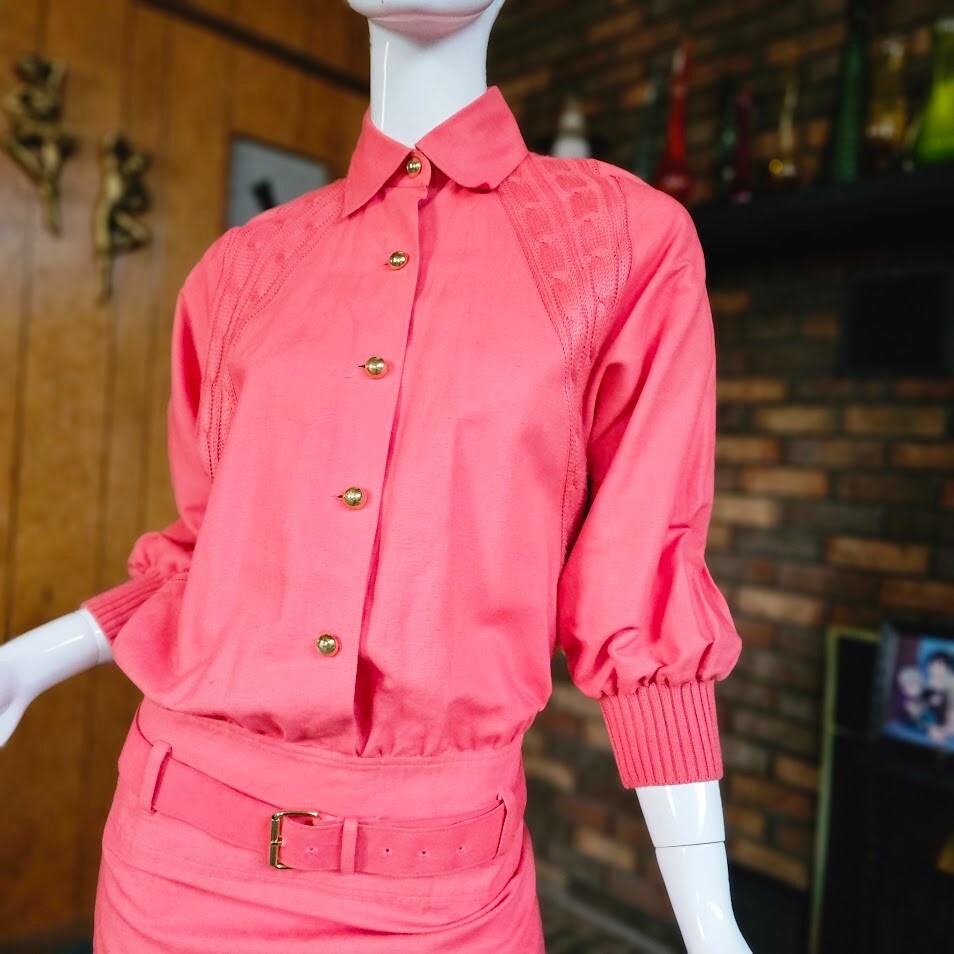 Vtg 80s Lillie Rubin Monochrome Salmon Blouson Pencil Uptown Linen Party Dress S