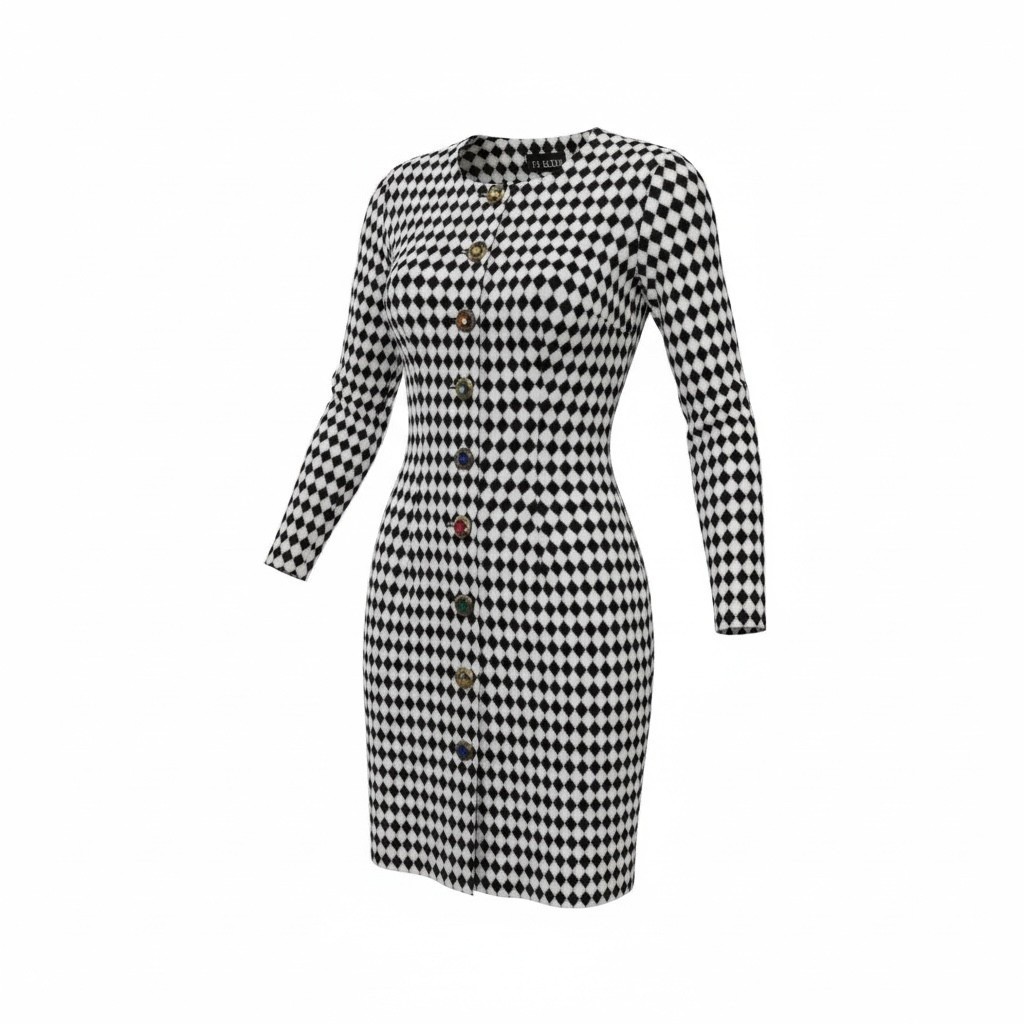 PJ Klein Vintage Harlequin Diamond Knit Dress Jewel Button Front Black White 5/6