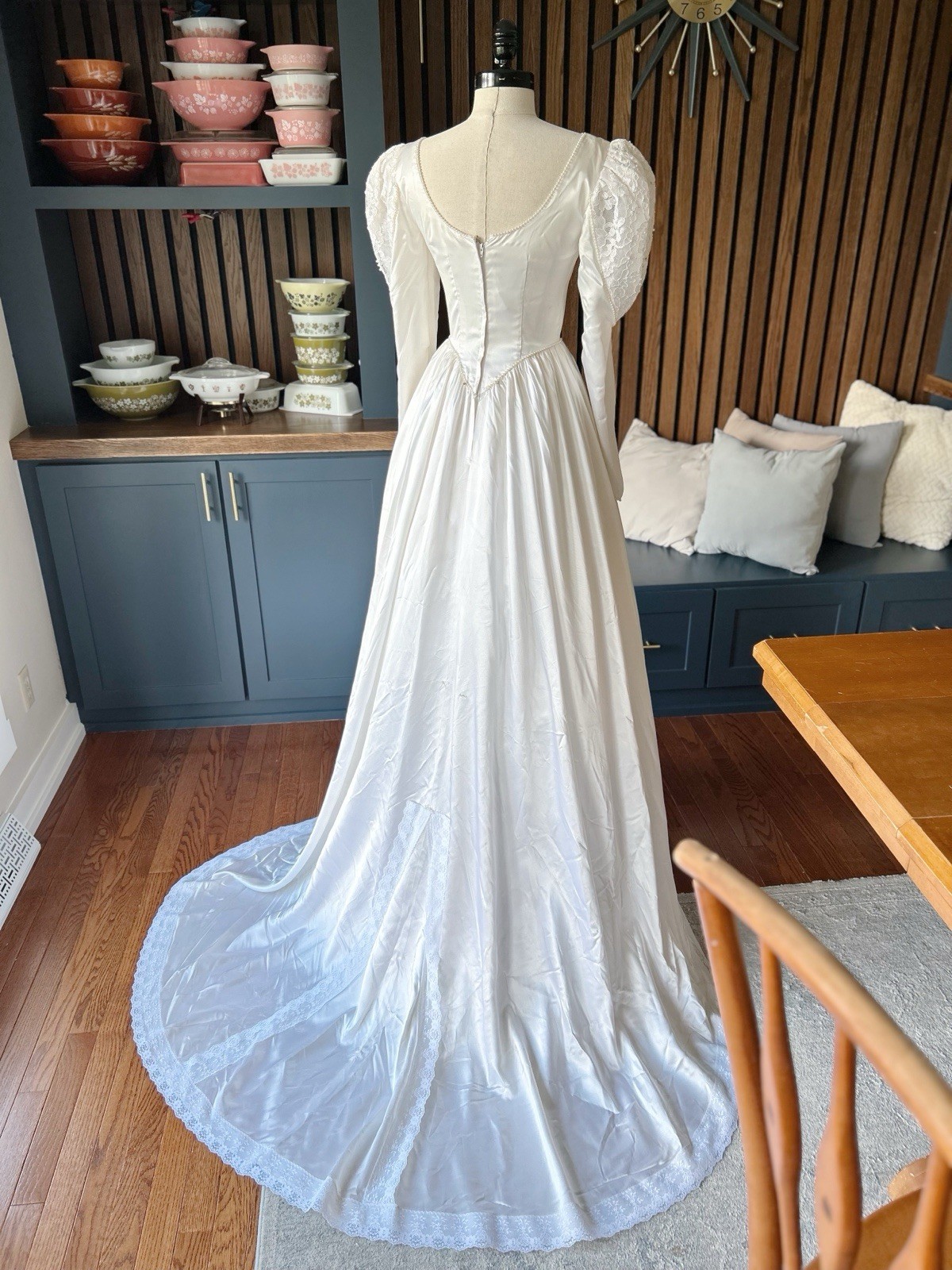 Vintage Wedding Dress 1980s Satin Princess Cut Ballgown Beadwork Train Lace
