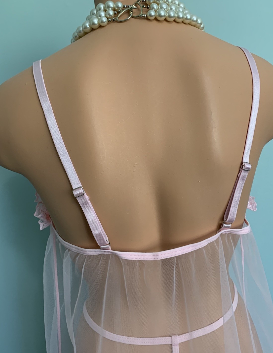 NEW Frilly SHEER Chiffon Nightie Babydoll Negligee L /XL Panties Satin Ribbons