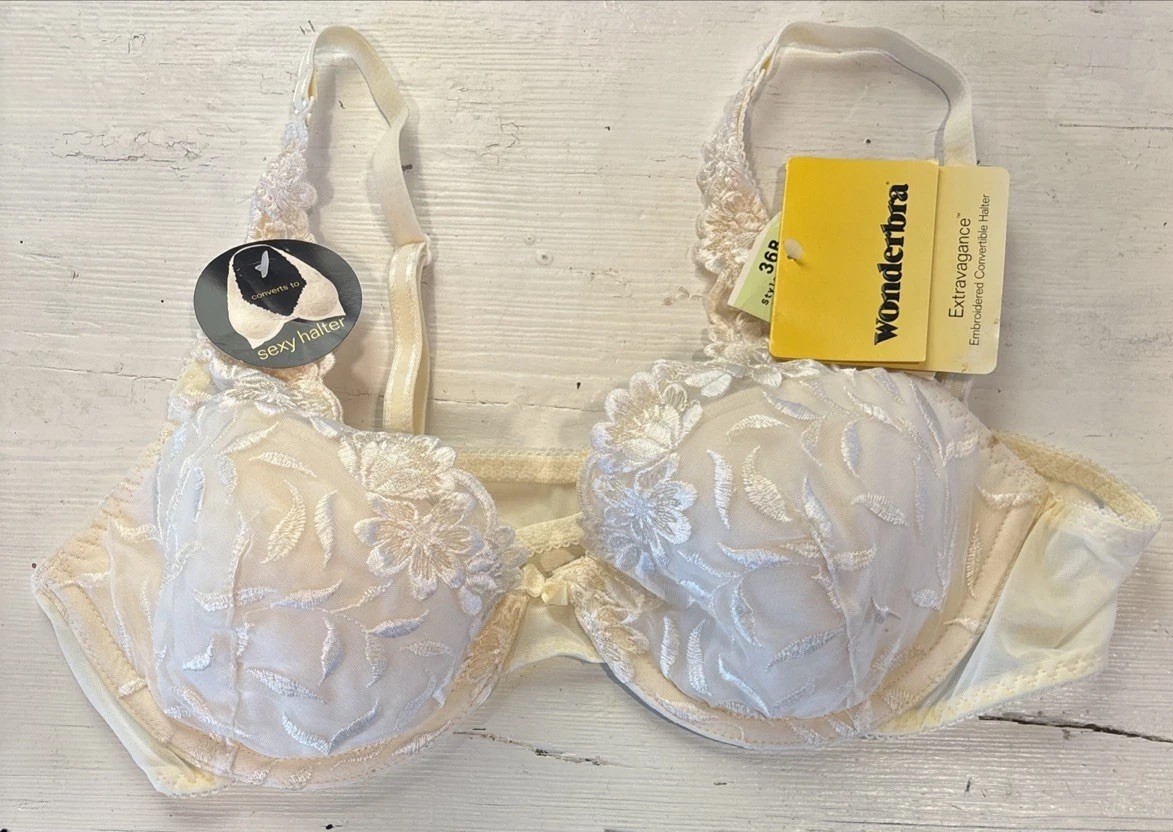 Vtg NOS Wonder Bra Extravagance Embroidered Convertible to Halter 36B Cream