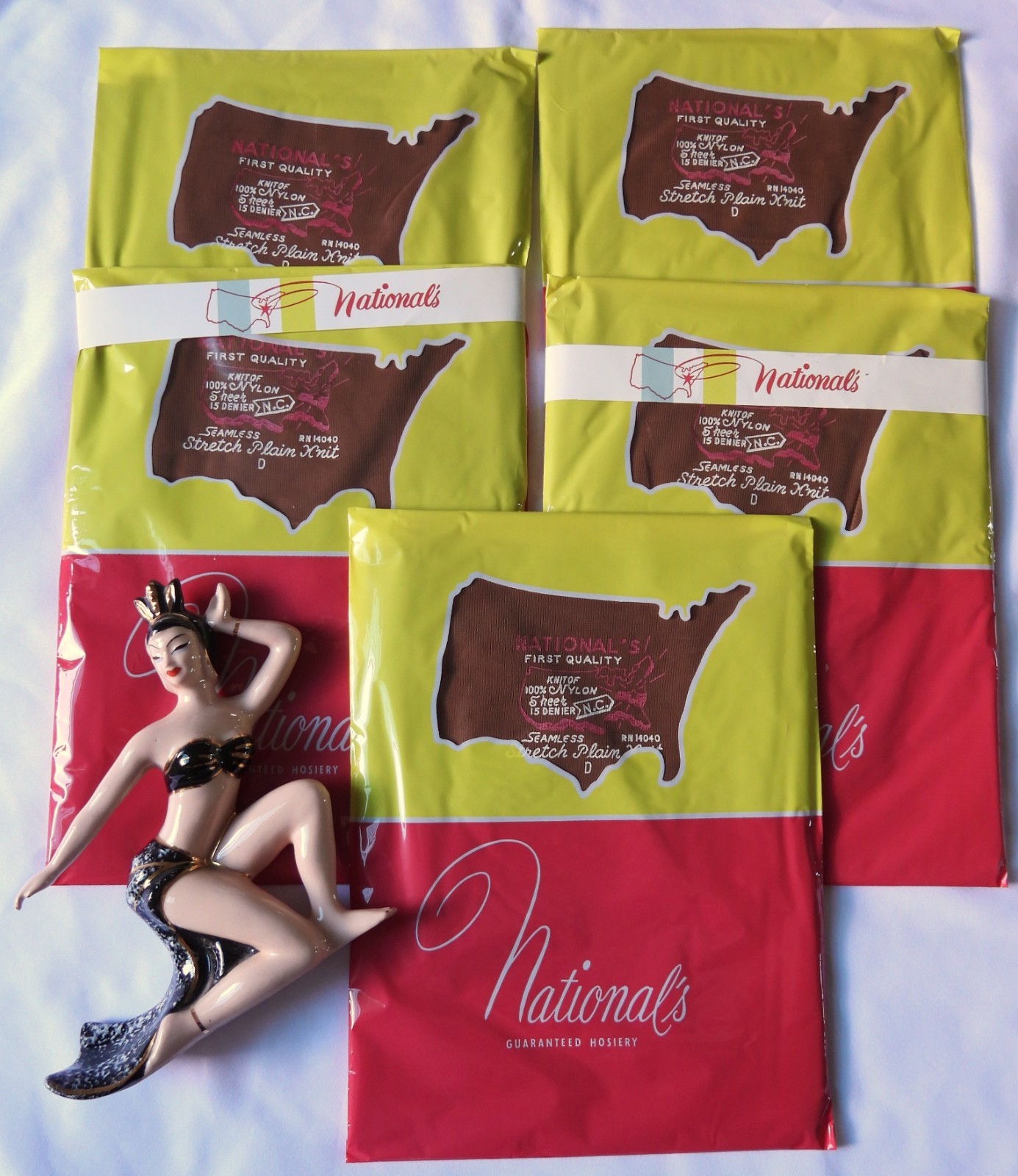 #1 LOT 5 Pair NIP Vtg Nationals RHT Sheer 15d SEAMLESS Stretch STOCKINGS sz D