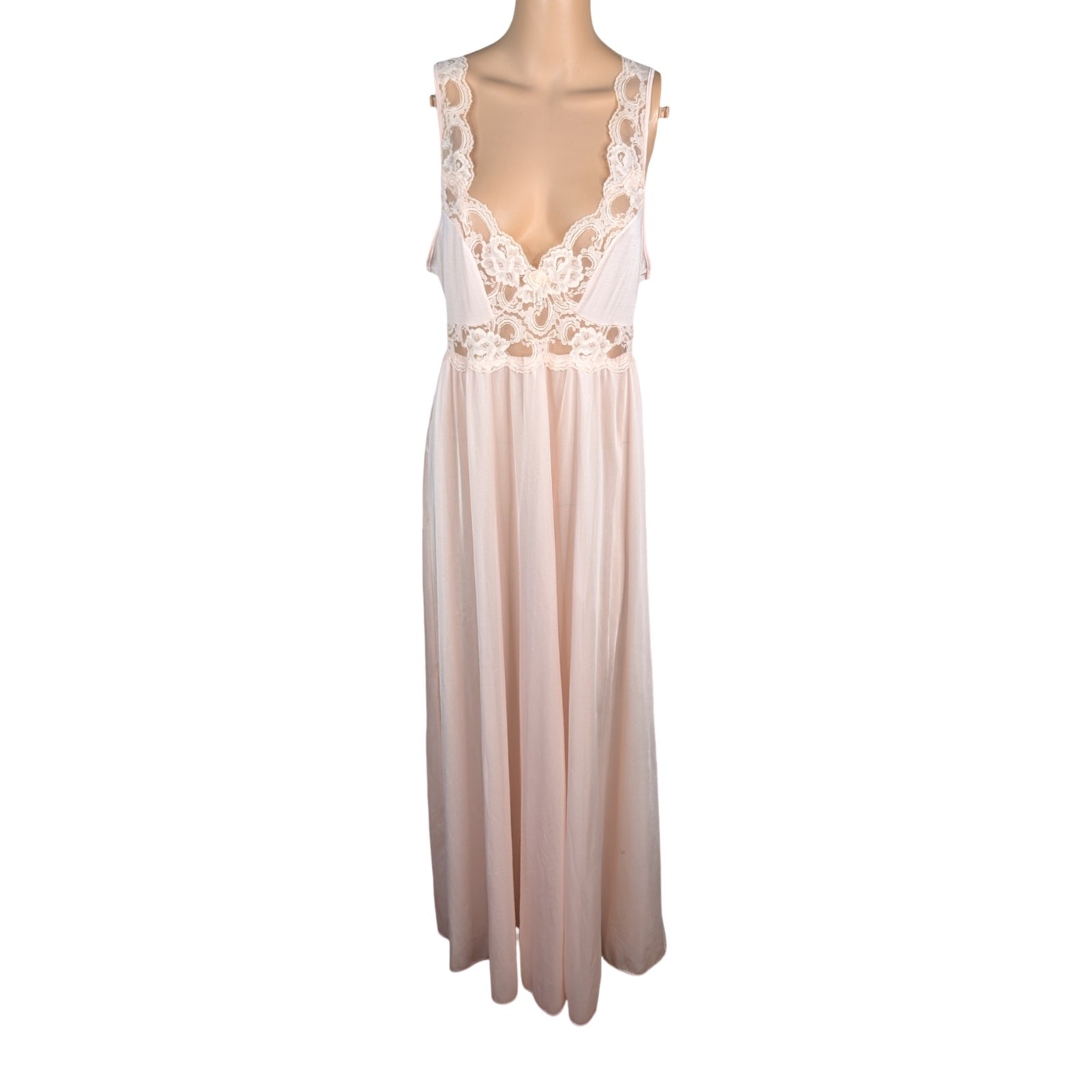 Vtg 60s 70s Adonna Peach Pink Satin Maxi Slip Dress L Tall Lace Rose Bud Pearl