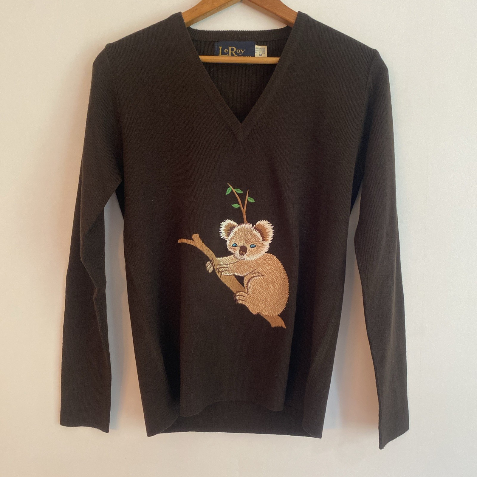 Vintage LeRoy Knitwear Womens Sweater Brown Size Medium Koala Bear Embroidered