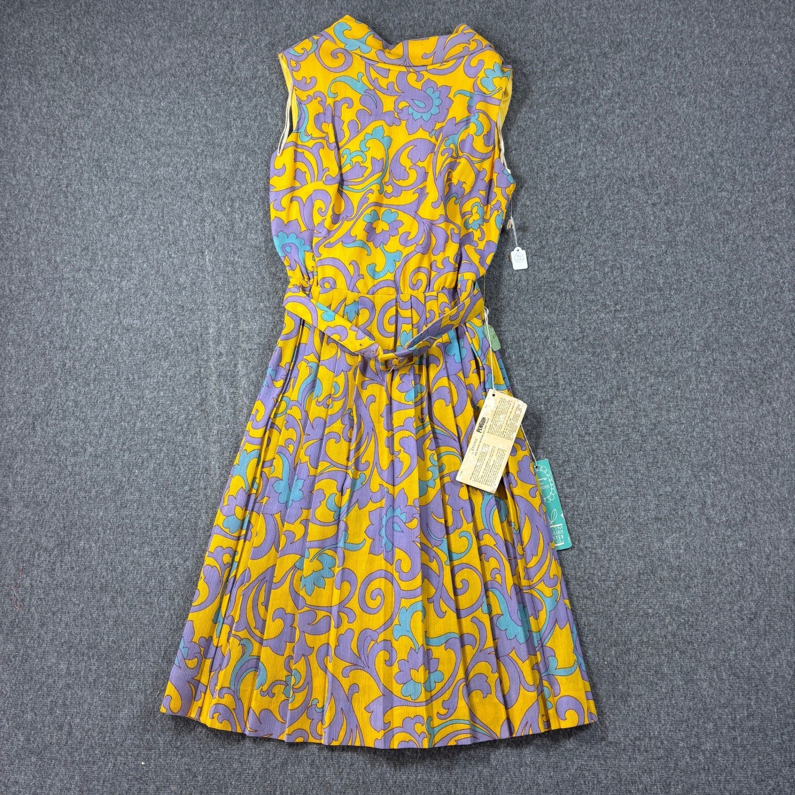 Vintage 60s Penneys Fashion Center Yellow Purple Psychedelic Pleated Dress NWT
