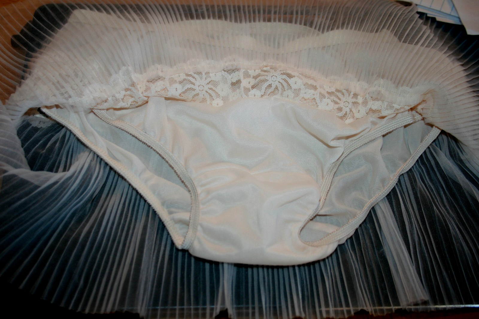 Vintage 60s Beige Nylon Lace Mini Upskirt Full Cut Panty Pillow tab Slip Combo S
