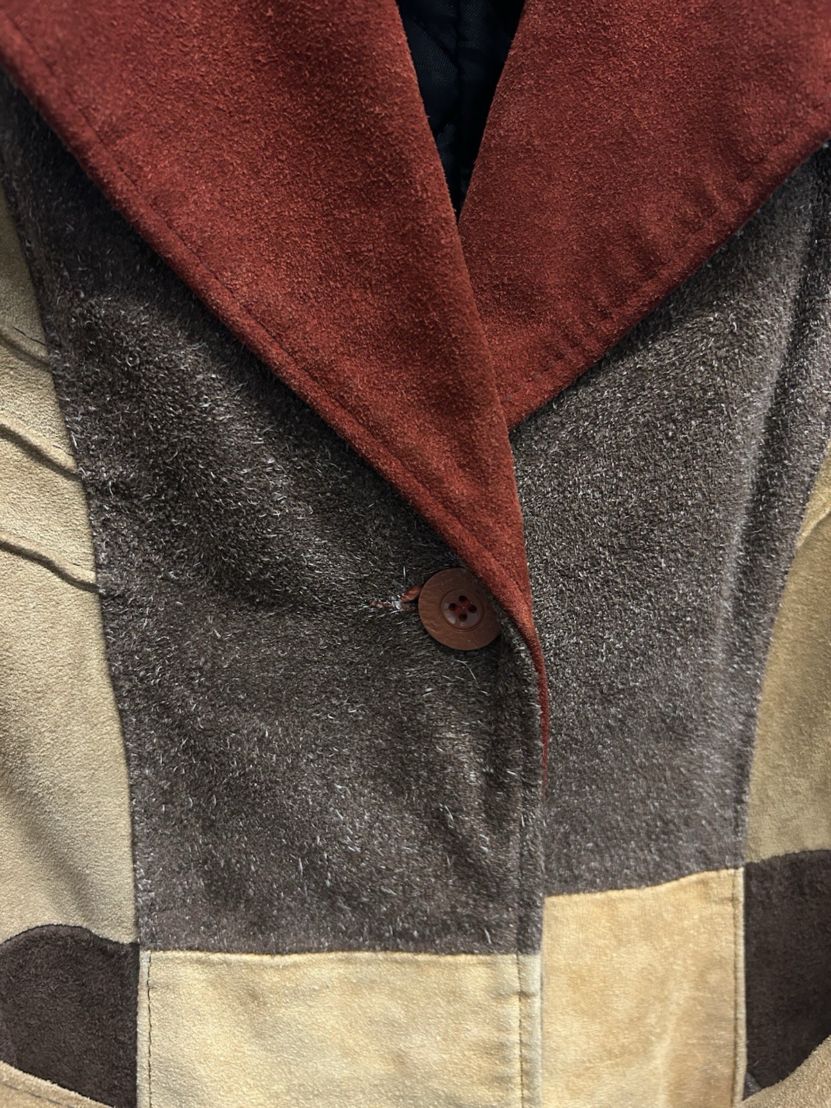 VTG 70s Canada Fashions Patchwork Suede Brown Orange Belted Hippie Jacket S READ