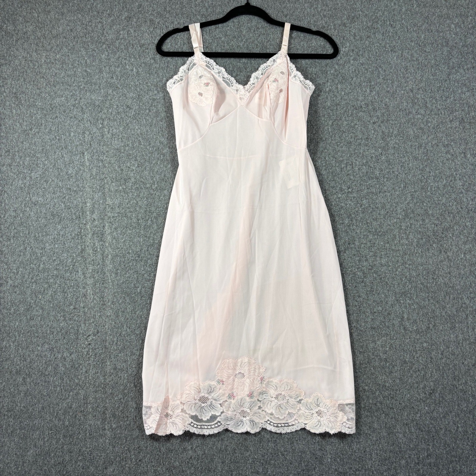 NWT Vintage Shadowline Pink Nylon Full Slip Floral Applique Size 32 Short