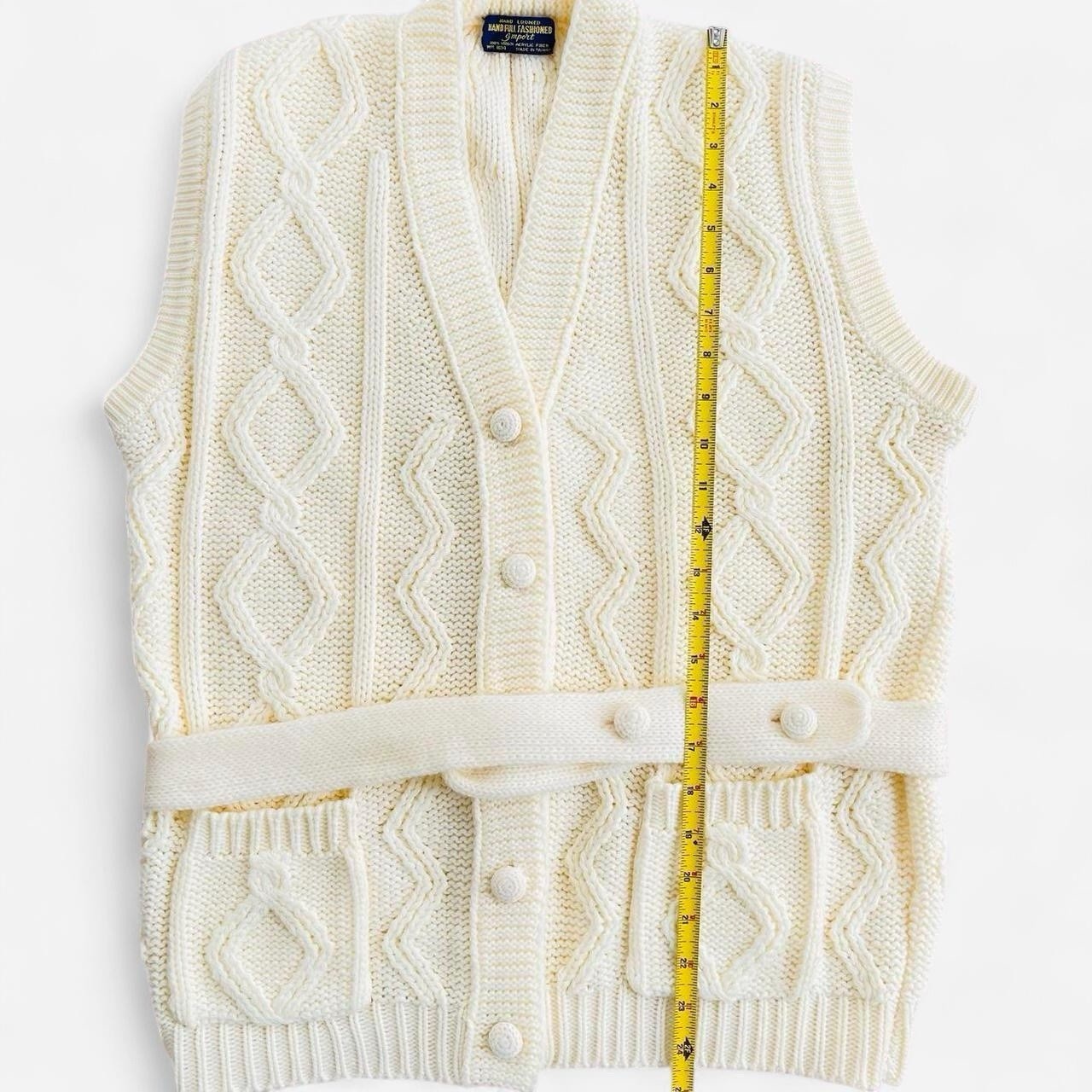 Vintage Hand Full Fashioned Hand Loomed Ivory Knit Belted Sweater Vest