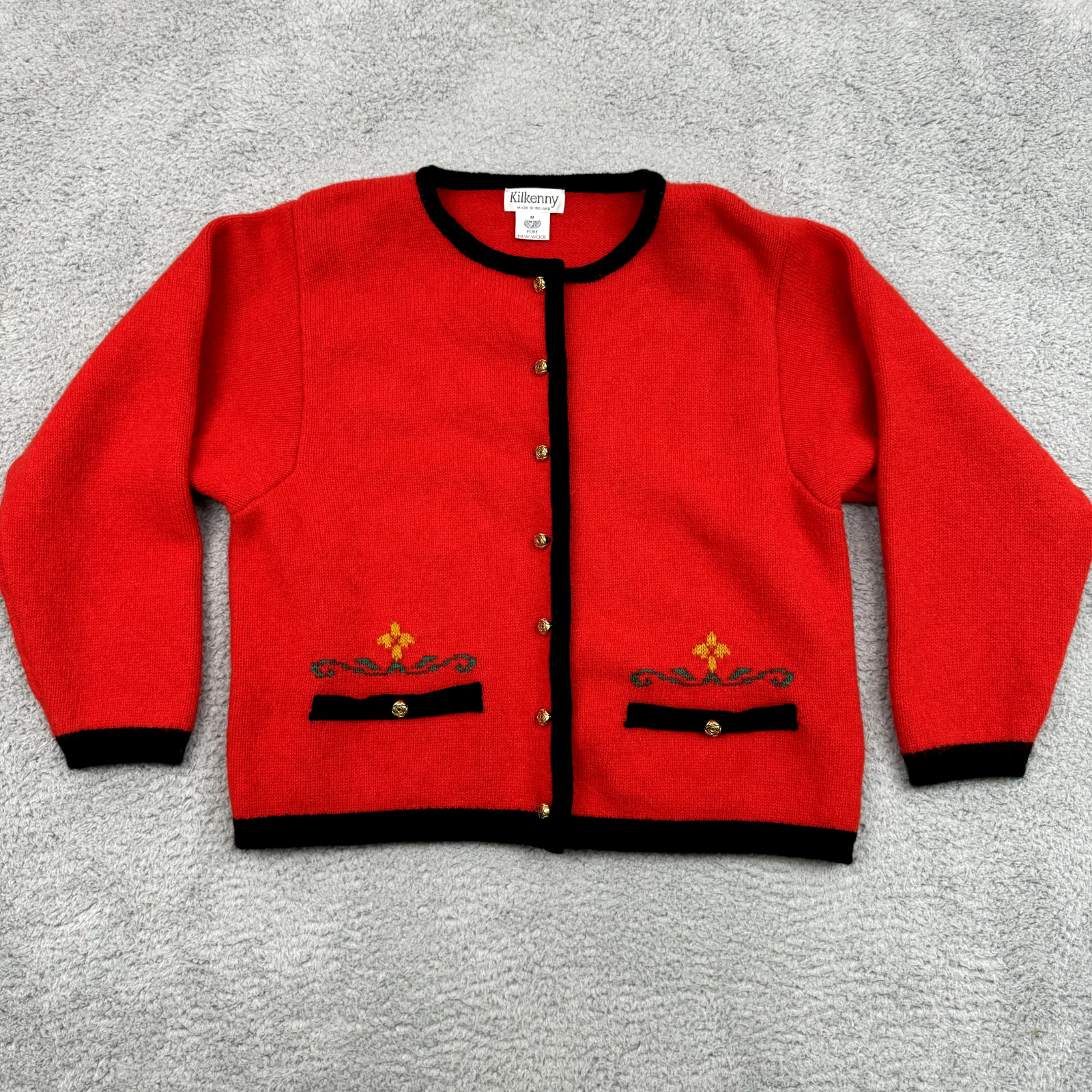 Vintage Kilkenny Cardigan Sweater Womens M Red Wool Embroidered Grannycore Retro