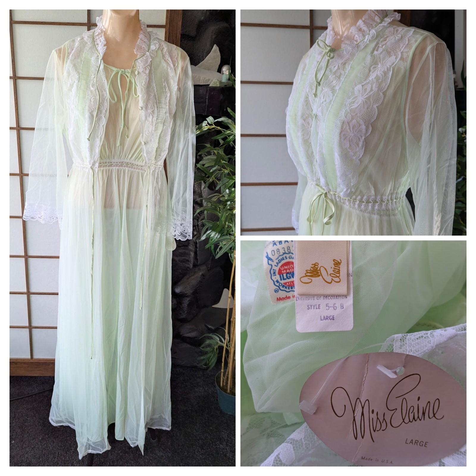 Vtg 1970s Miss Elaine Peignoir Set Long Mint Green Chiffon Lace USA Large NOS