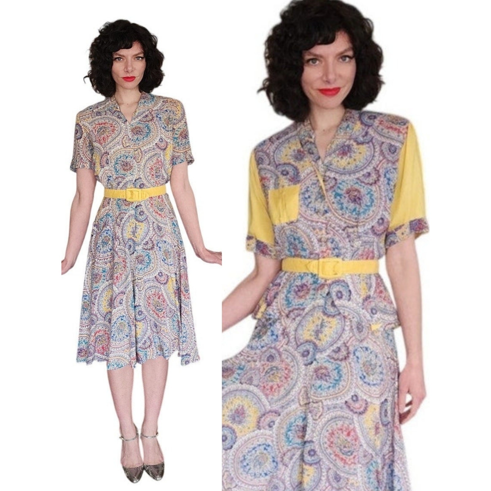 VTG 40s Saybury Paisley Rayon 2 Pc Dress & Jacket Set with Yellow Sleeves & Belt