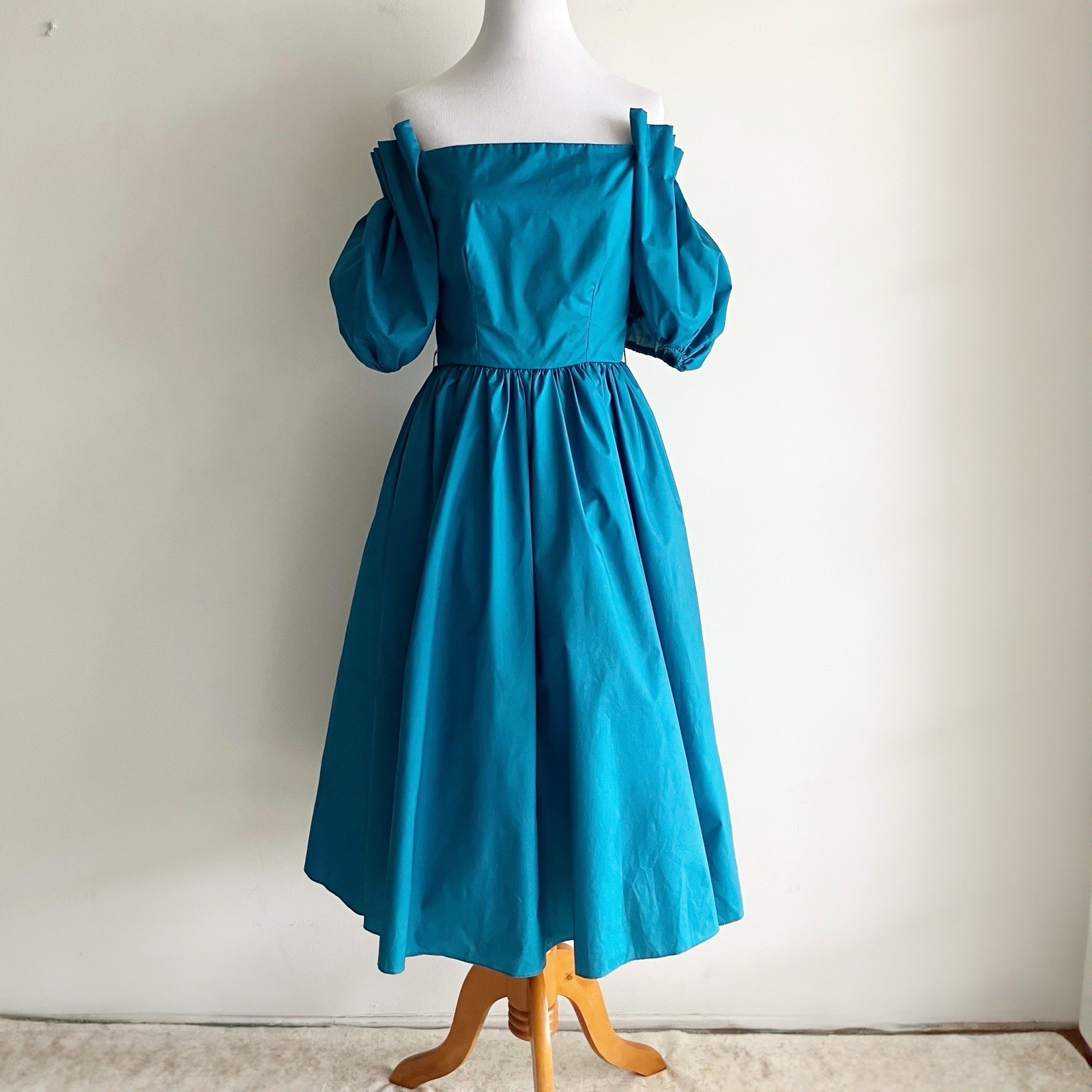 PLS READ VTG Party Petites Off Shoulder Puff Sleeve Dress Teal Blue Pockets