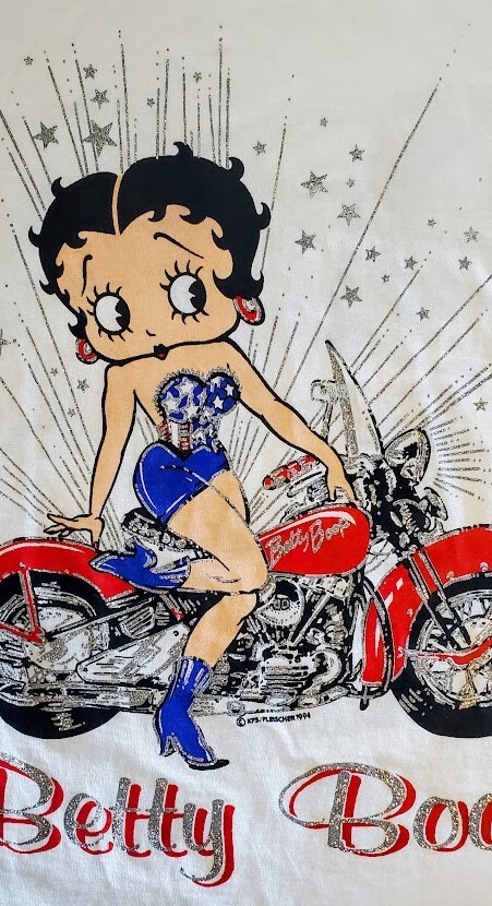 DIAMOND DUST Betty Boop Glitter Motorcycle Graphic Women T Shirt L White ’94 Rad