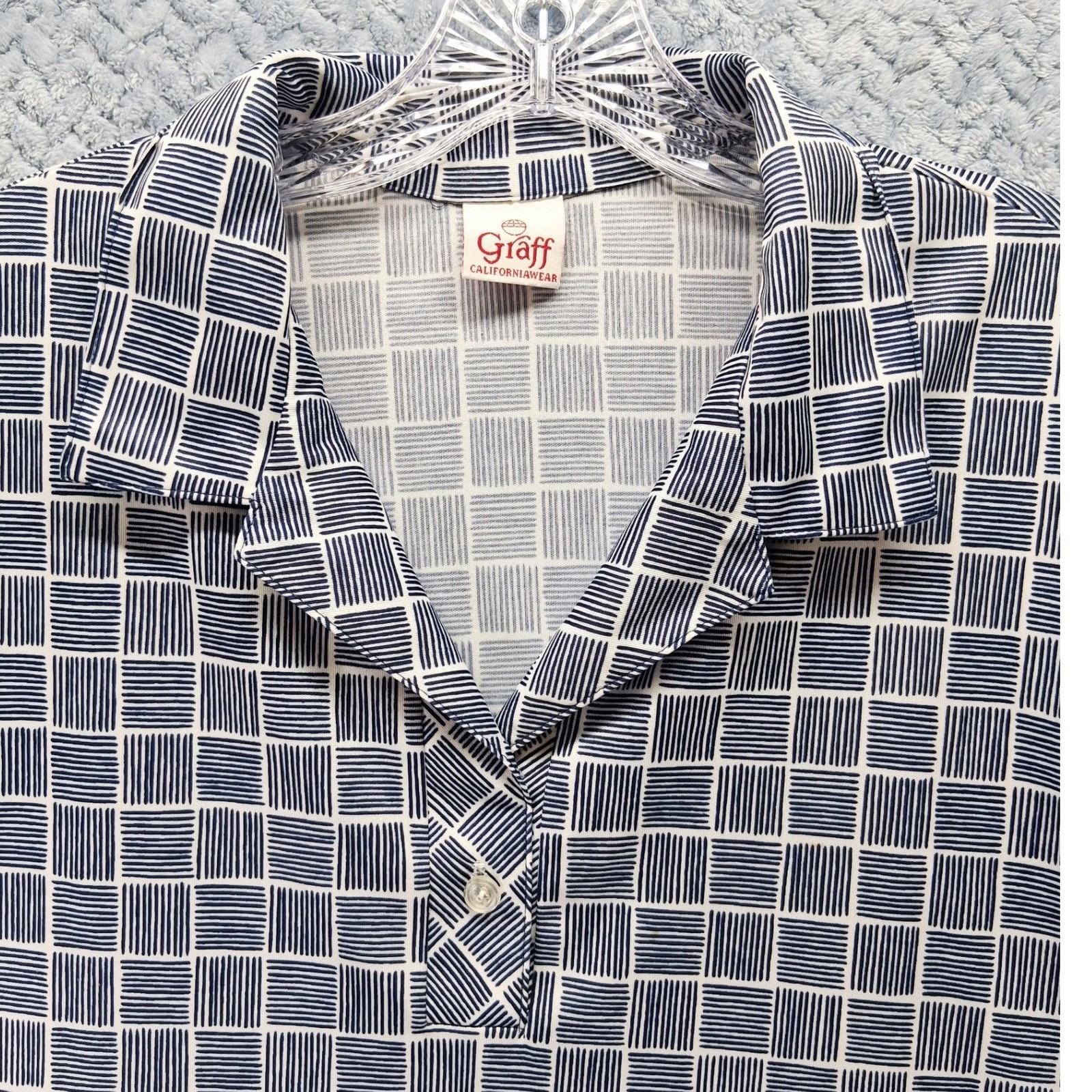 Graff Californiawear Vintage Navy Blue White Grid Short Sleeve Polo Top XL Coast