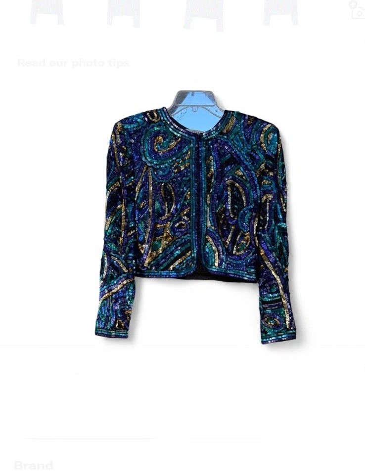 Vintage Niteline Silk Sequin Beaded Jacket S 80s Blue Gold Holiday Party Top