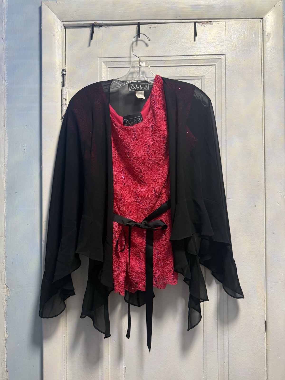 Vintage Alex Evening Hot Pink Lace Top With Black Sheer Cardigan