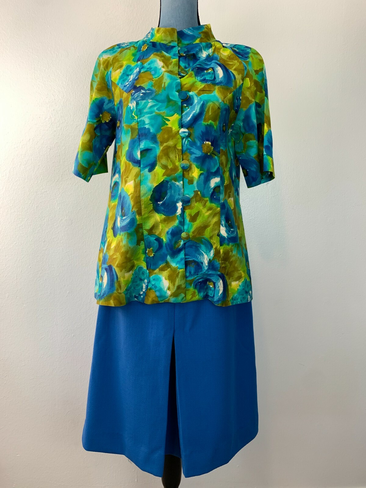 Vintage 1960’s Fire Islander Floral Blue Green Rose Skirt Jacket Set S/M