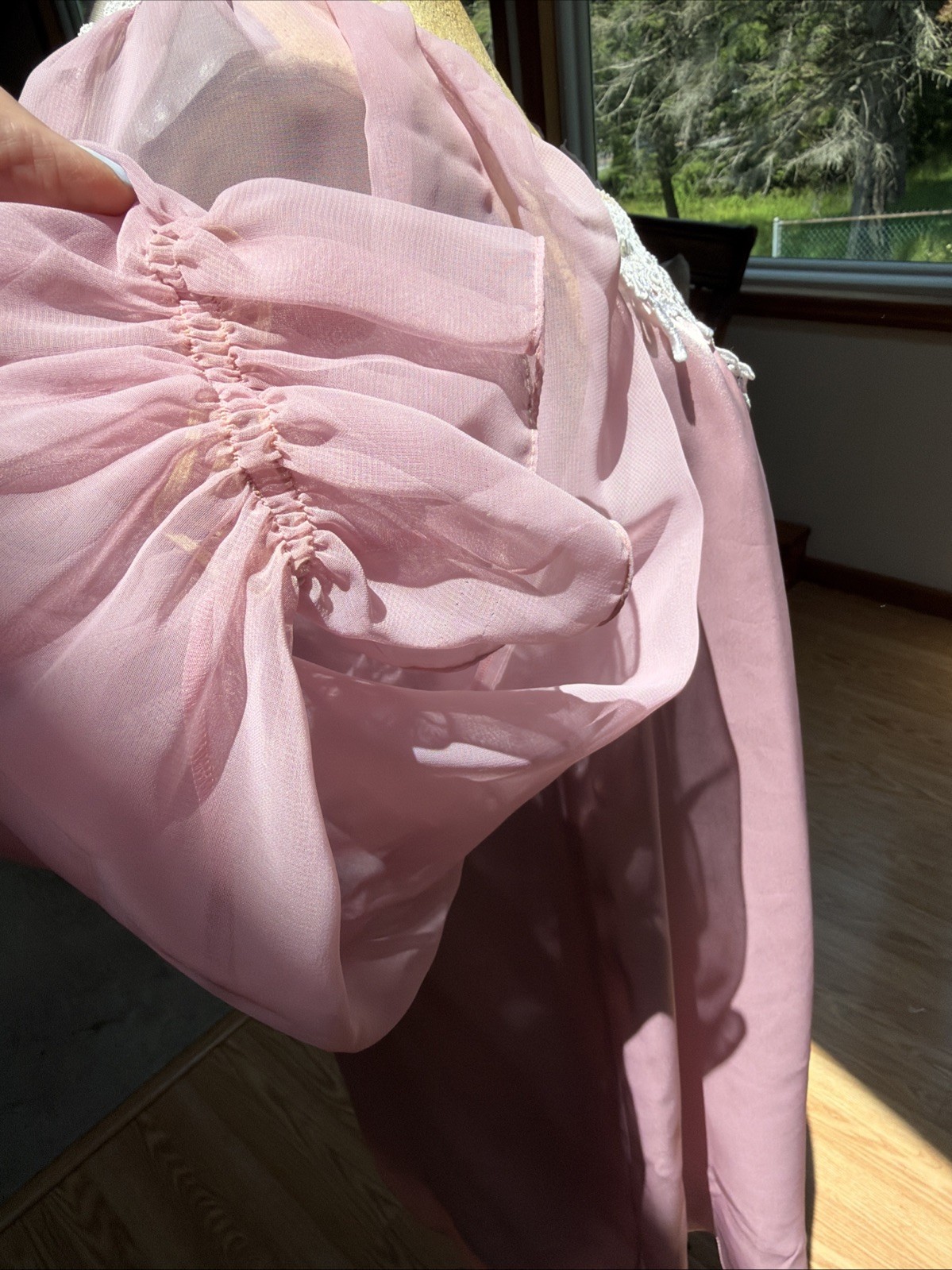 Vintage 1980s Miss Dior Pink Satin Nightgown Lace Yoke Long Sleeve Coquette