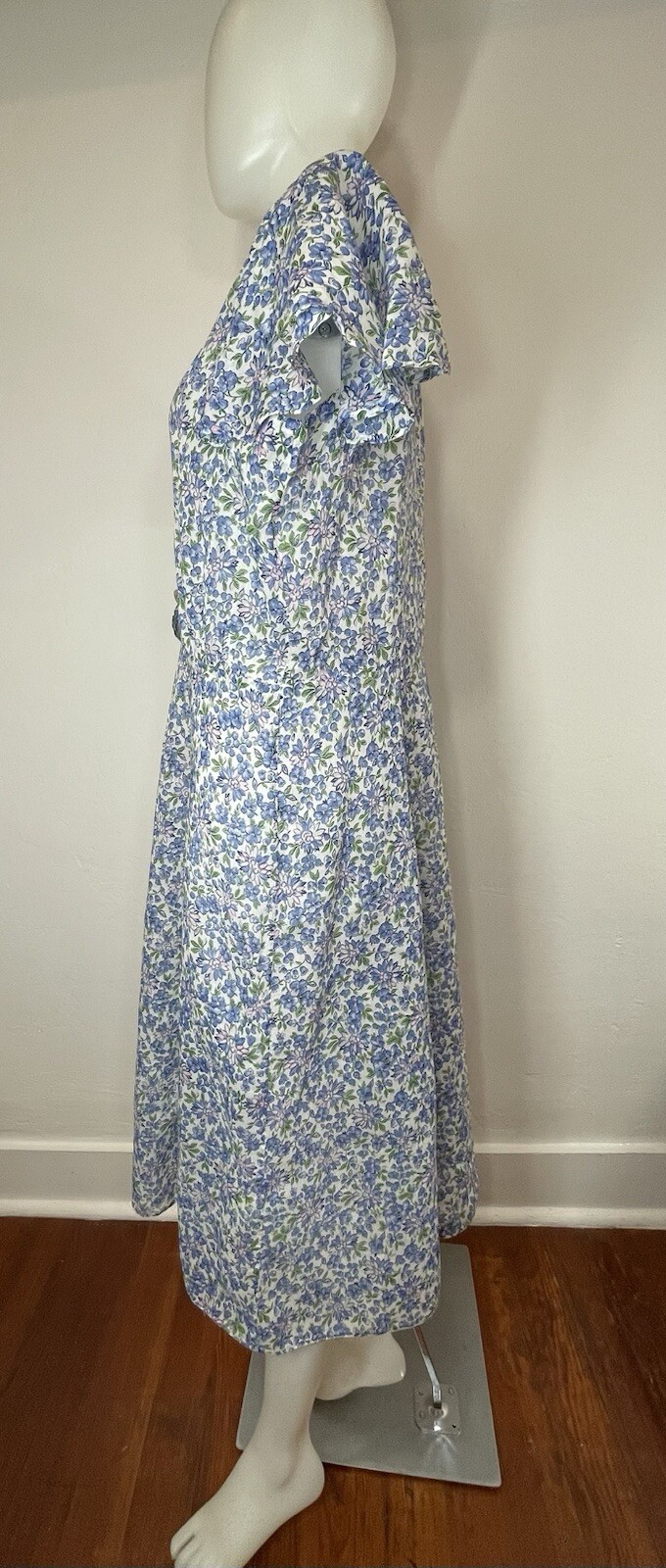 VTG 40s Day Dress White W/Blue Pink Floral Print 100% Cotton 36 Waist (Many Flaw