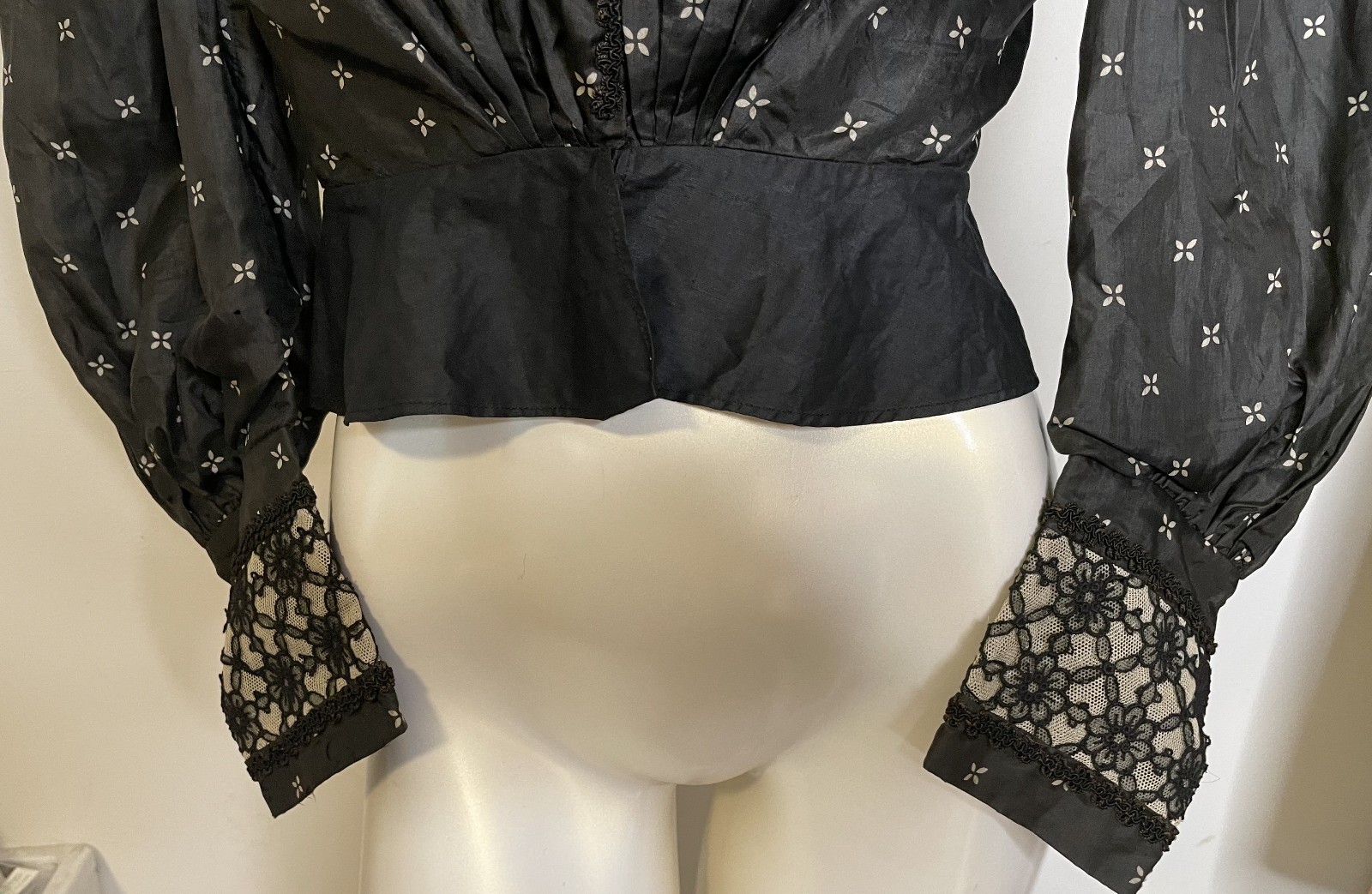 Antique Victorian Black Silk Top Blouse S Bodice Bishop Sleeves Lace Trim Peplum