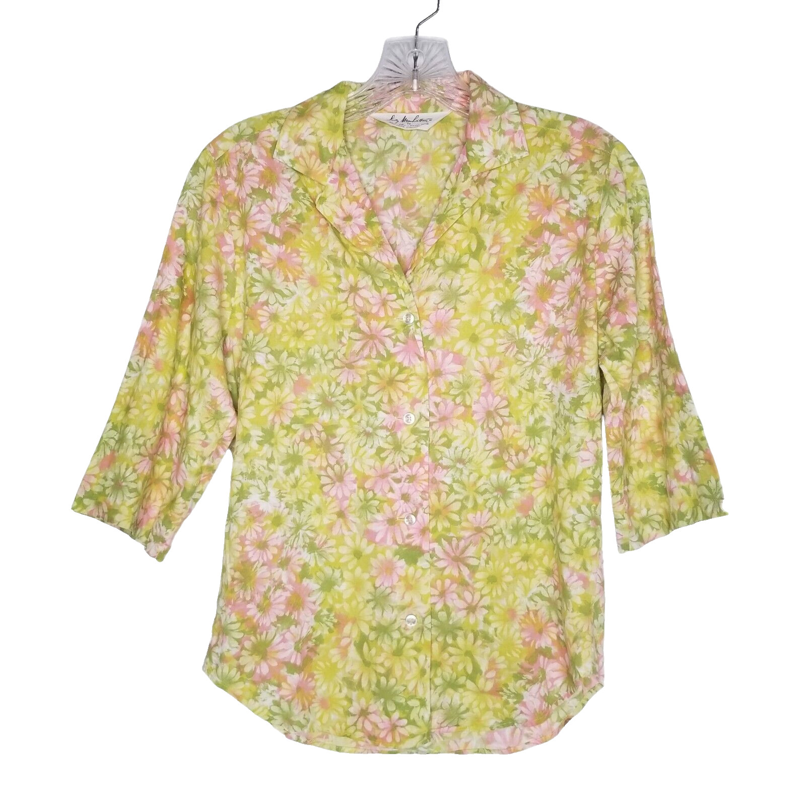 Vintage 60s Lady Manhattan Cotton Floral 3/4 sleeve Blouse Pink Green 10 Small