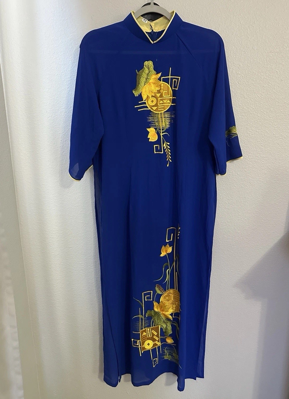 Vintage Inspired Sheer Blue Asian Dress Size 52 – Embroidered Gold Floral Design