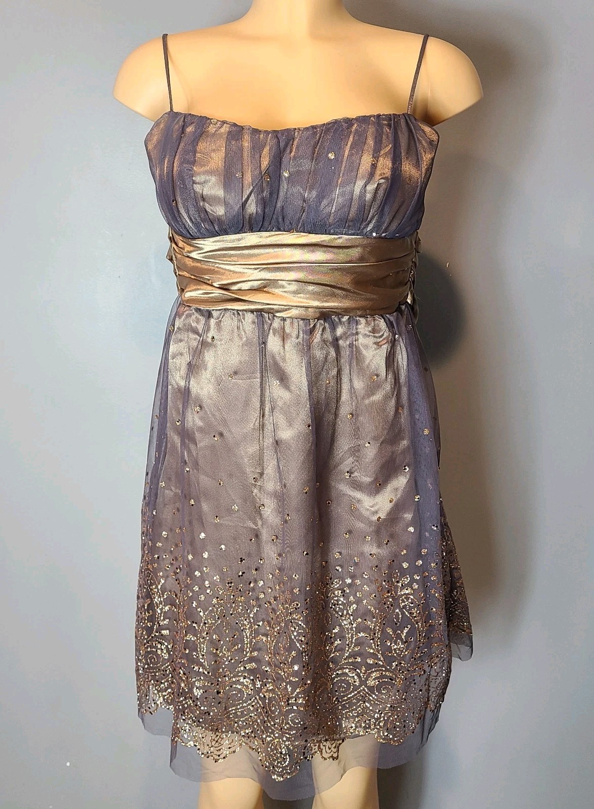 Vtg Mini Prom Dress Y2K Mcbling Fairy Regency Sz XXS 90s Gold Silky Mesh Sparkle