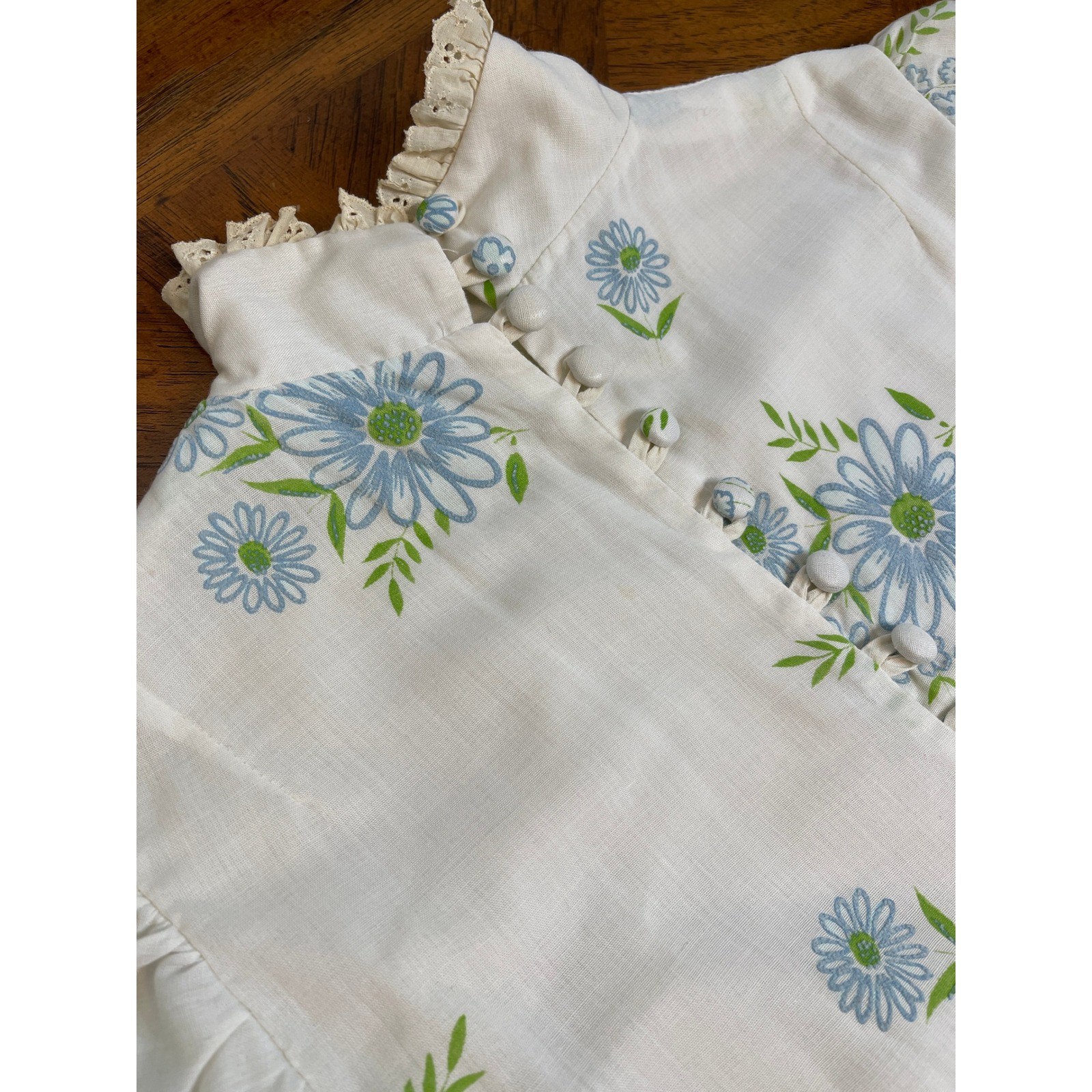 Vintage Prairie Dress White Blue Floral Puff Sleeve Lace Trim Maxi XS