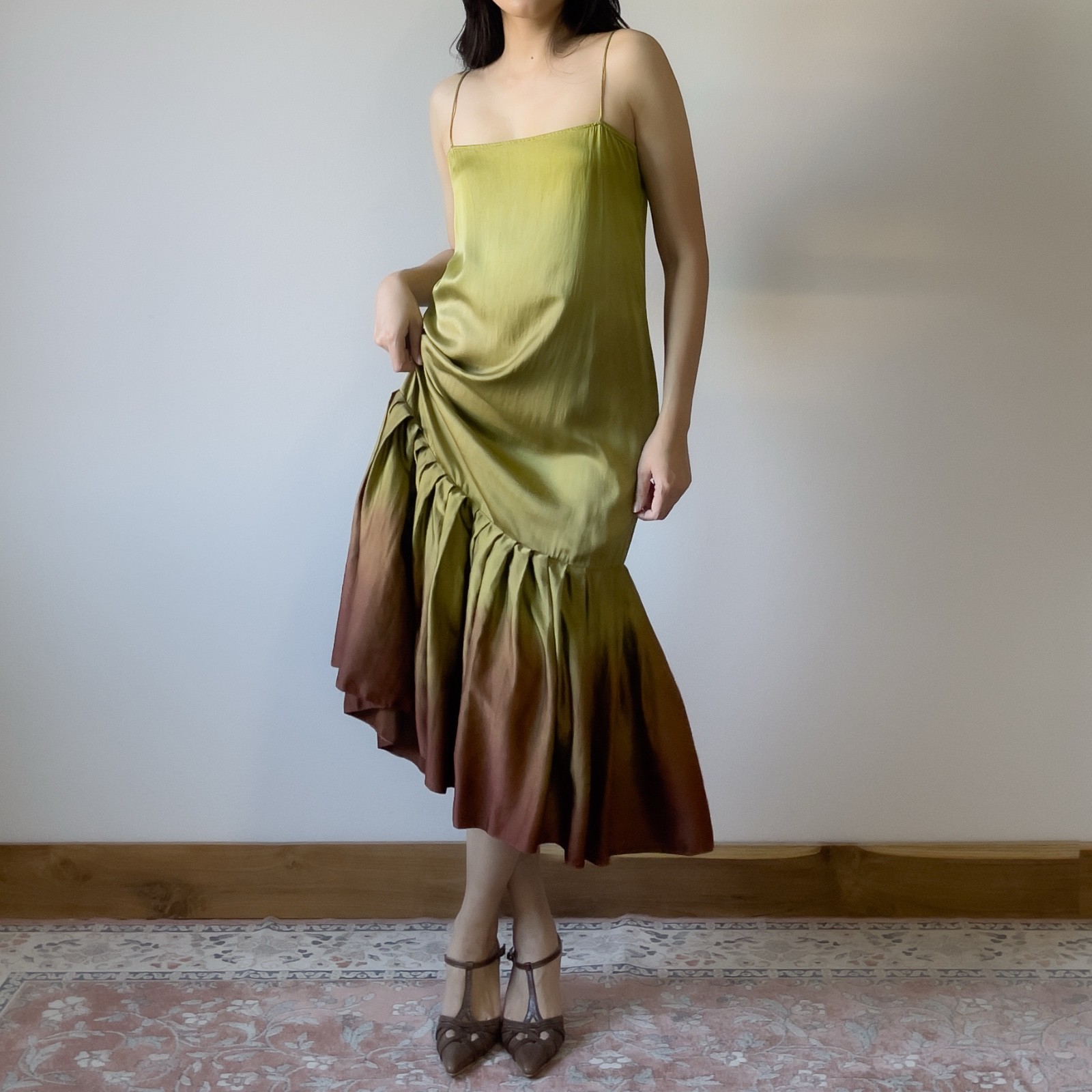 Vintage Jessica McClintock 1990s Green Brown Hand-Dyed Silk Slip Dress (S–M)