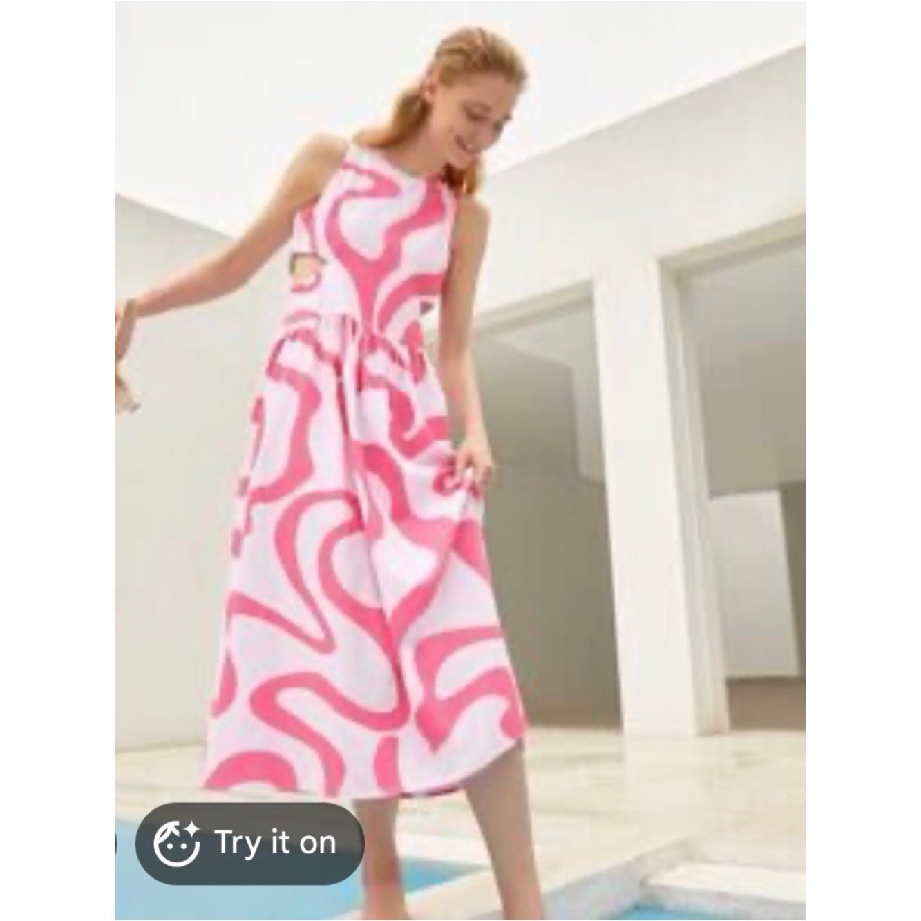 Urban Revivo Side Cutout Pink on Pink Graphic Swirl Retro Midi Dress, Size 4