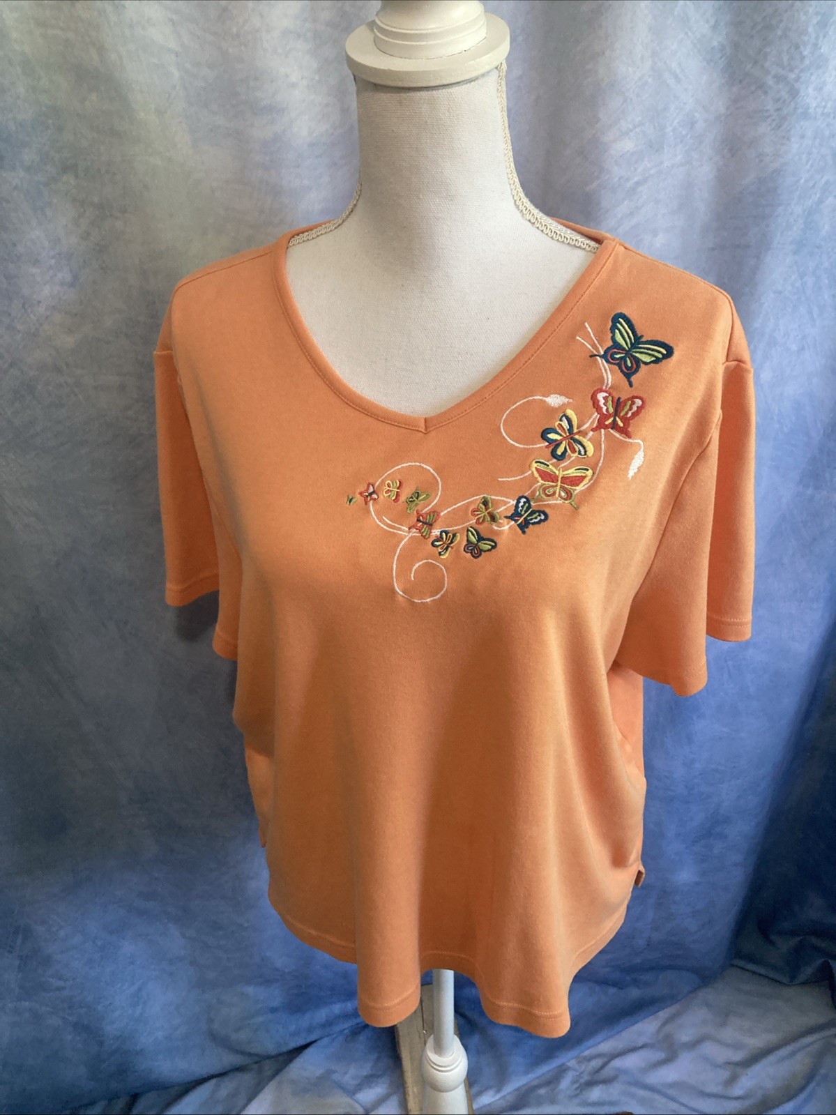 VTG 90s Y2K Breckenridge Grannycore Butterfly Embroidered Top XL Peach Orange