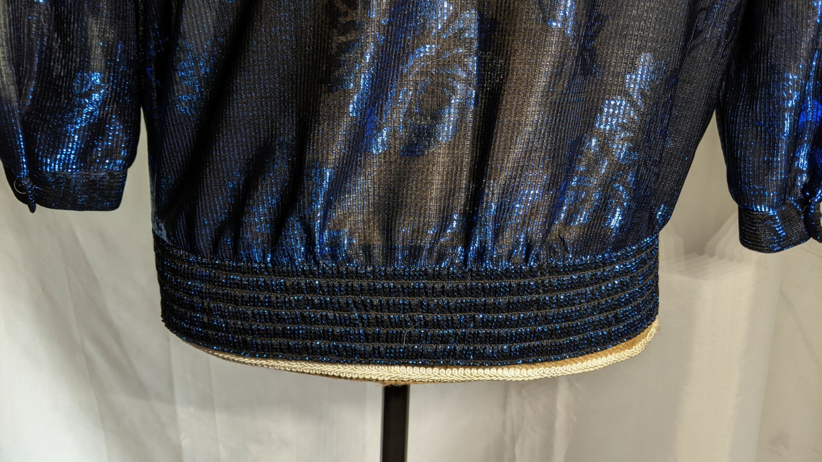 VINTAGE FREJANI Shiny SPECIAL OCCASION Blouse SHEER Blue Sz Large 1/2 Sleeve