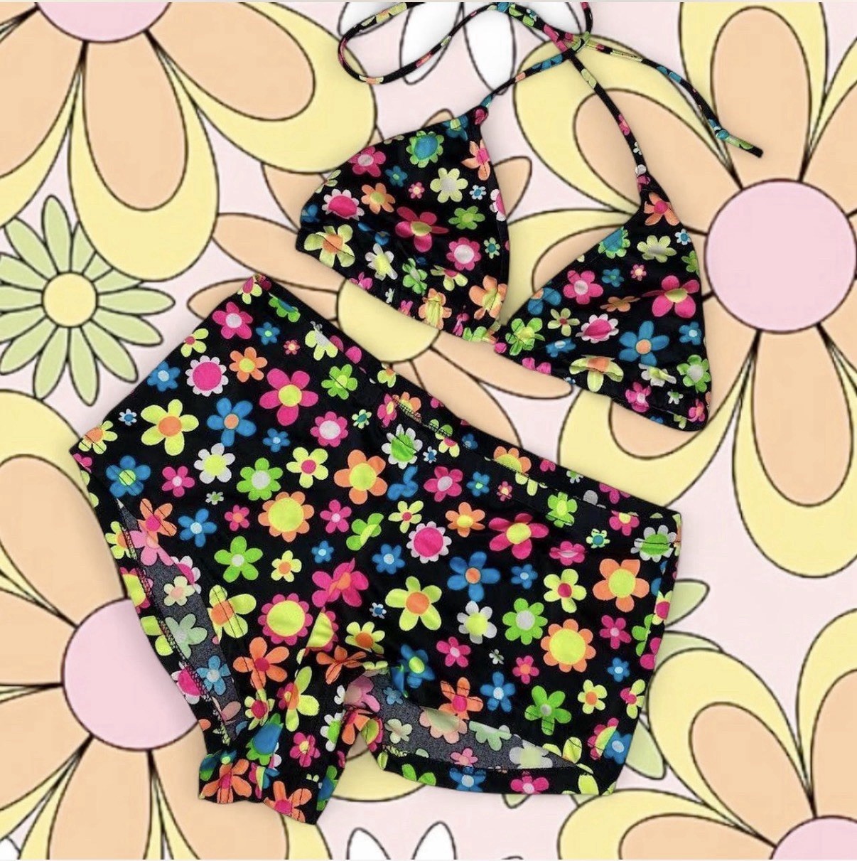 TRUE Vintage 1990s Union Made In USA Black And Neon Flower Power Print Bikini XS