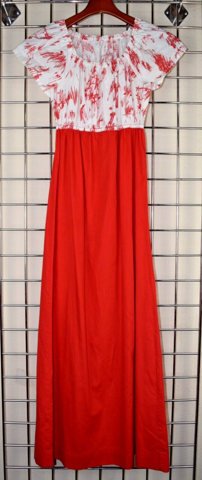 Vintage Handmade Maxi Dress Size S/M 70s Cherry Red White Cinch Waist