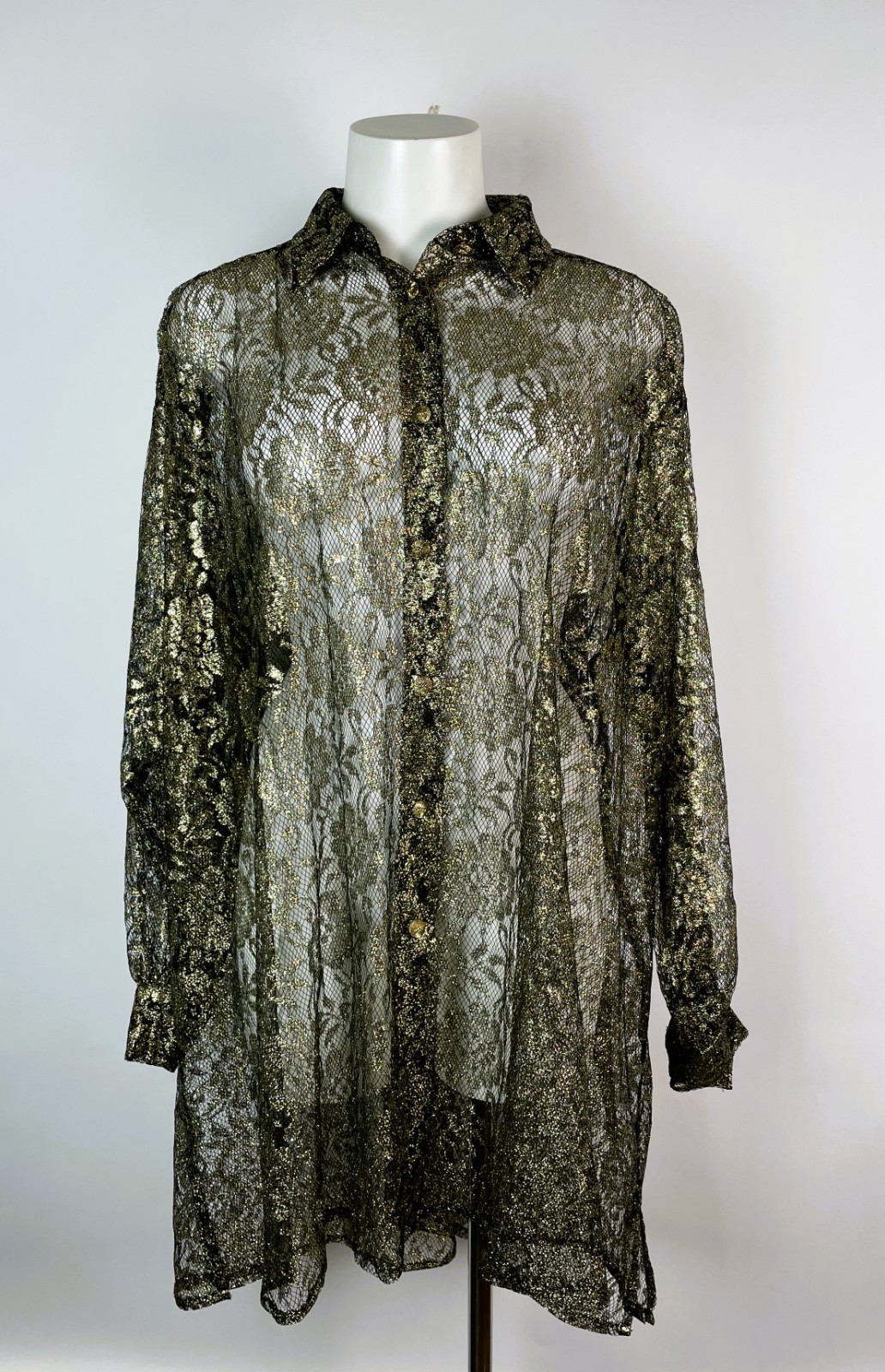 VTG 80s OVERSIZED I. MAGNIN gold black sheer long sleeve blouse top 2 USA