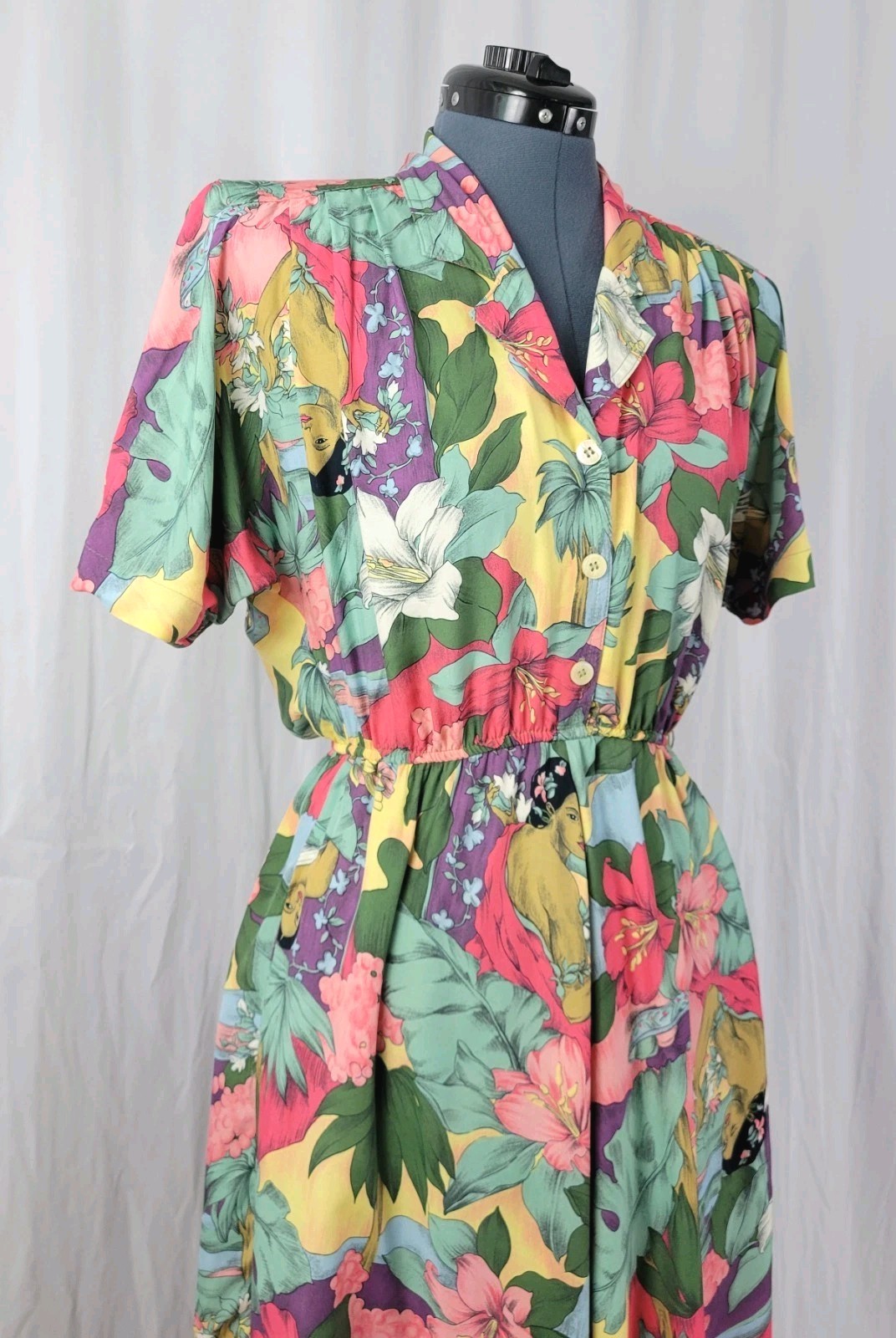 Vtg Carol Anderson Multicolor Floral & Lady Printed Blouson Dress Size S/M?