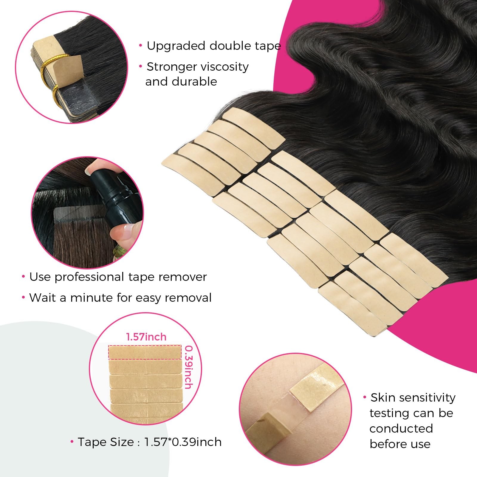 Lashey Human Hair Tape in Extensions, Body Wave, Natural Black, 18 Inch, 50g