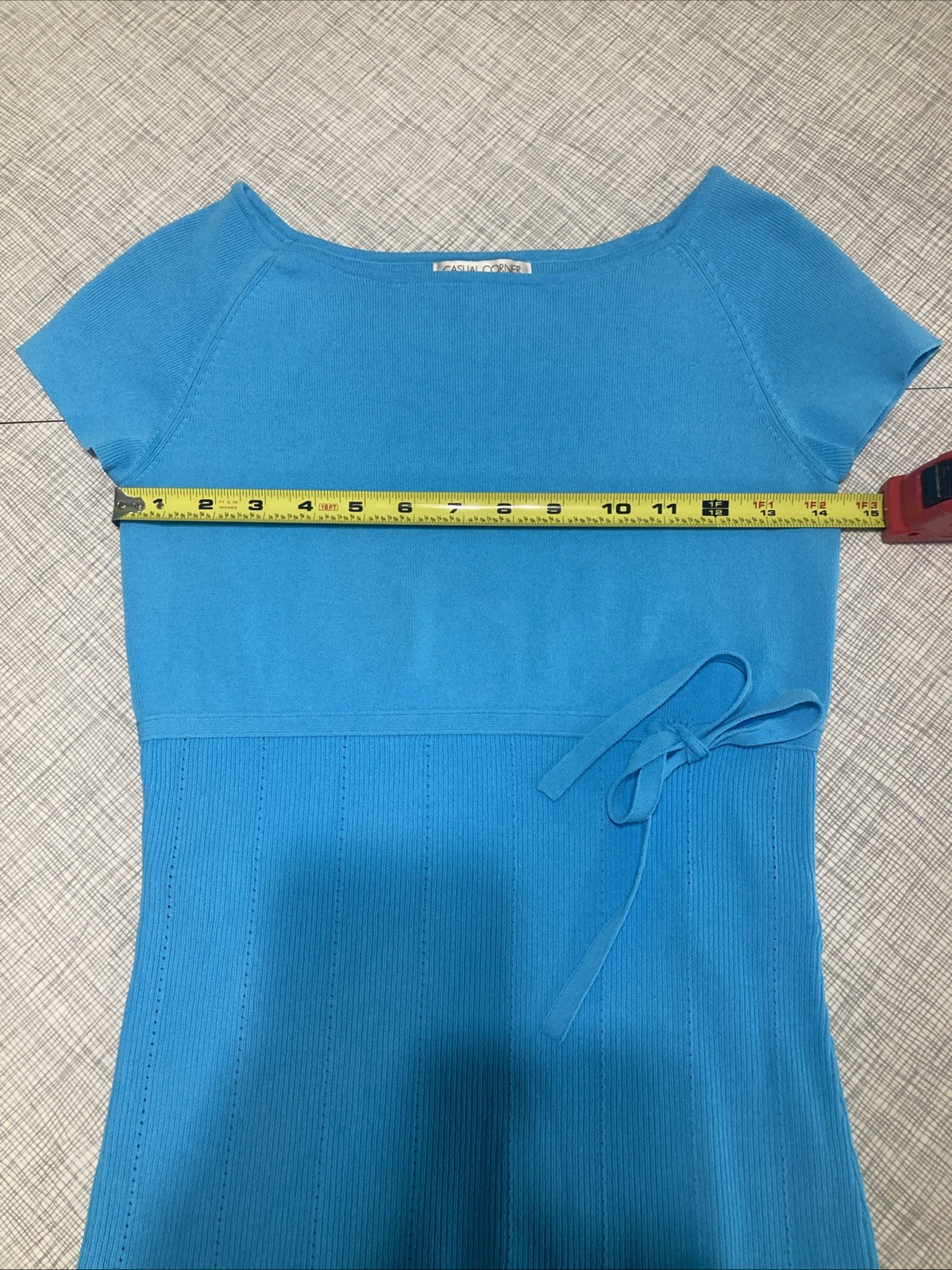 Vintage Casual Corner Turquoise Ribbed Knit Top Size Small Tie Waist Y2K EUC
