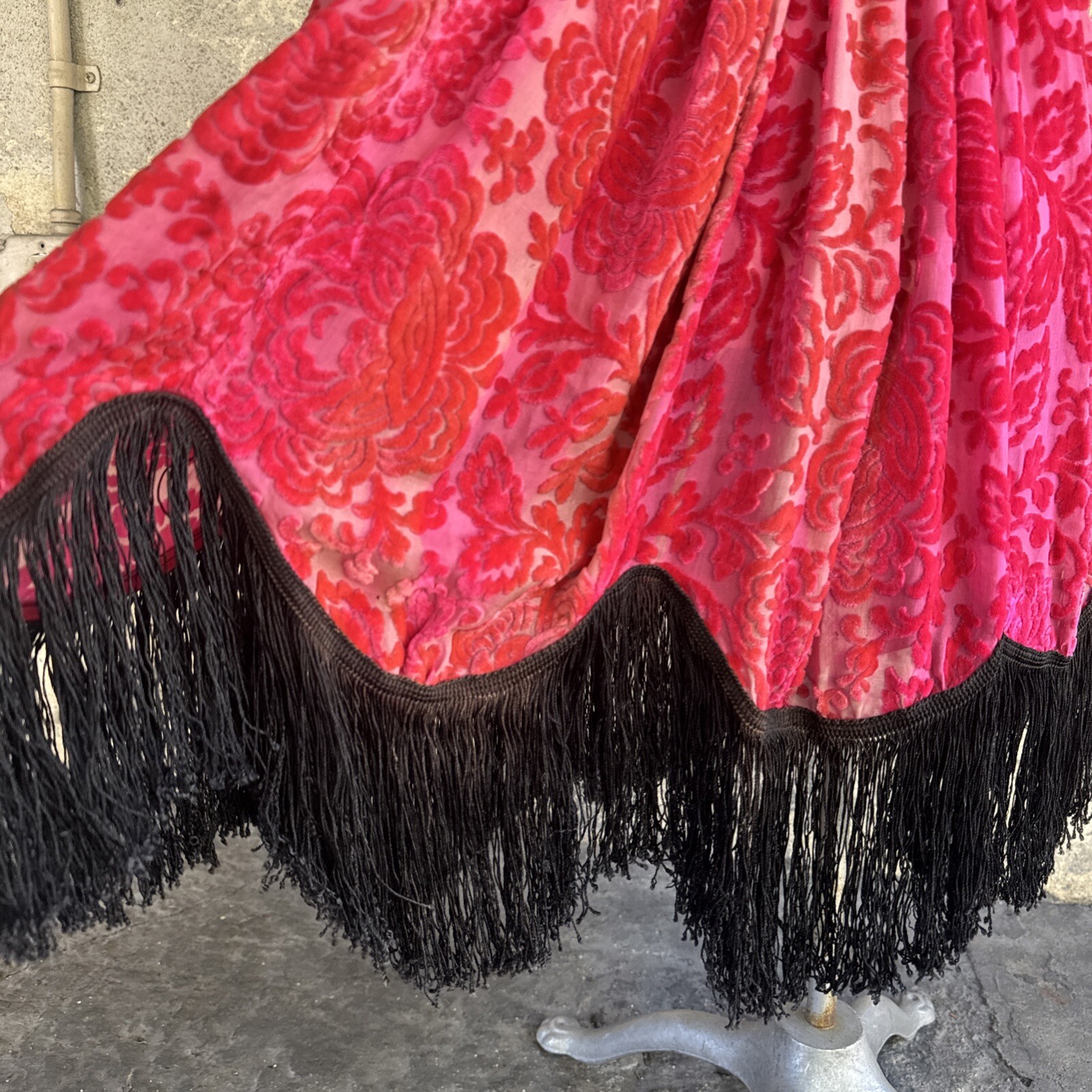 Antique 1920s Robe De Style Stage Dress Pink Devore Velvet Fringe Rhinestone VTG
