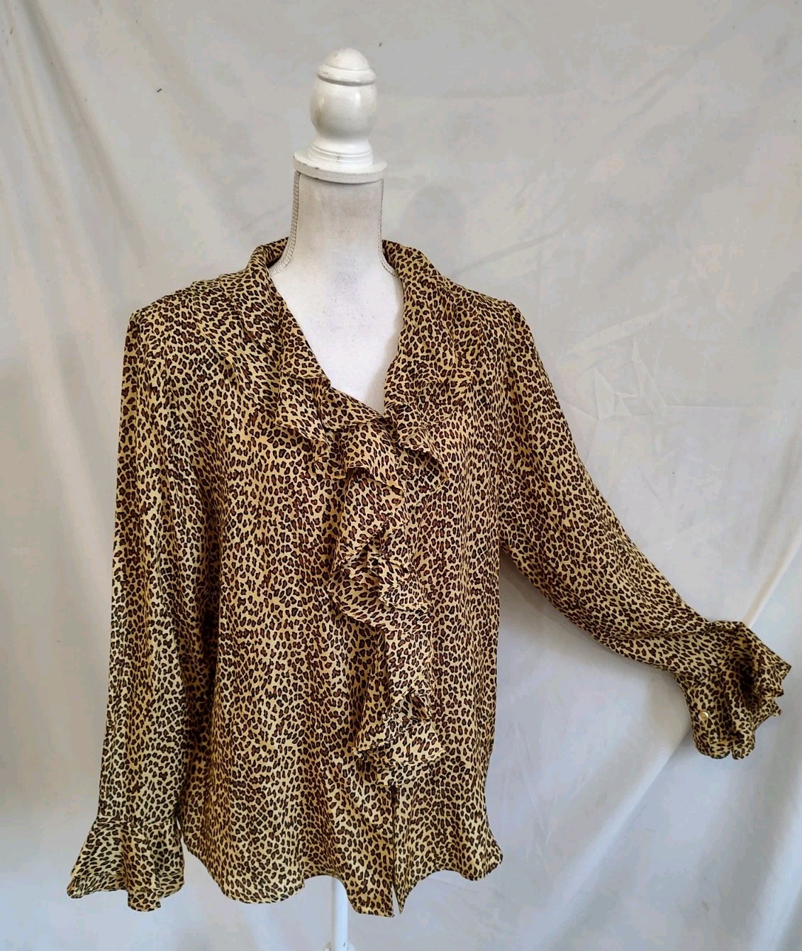 80’s Vintage SILK Poet Blouse Top Selene Sport Animal Print Ruffle Front Cuff 16
