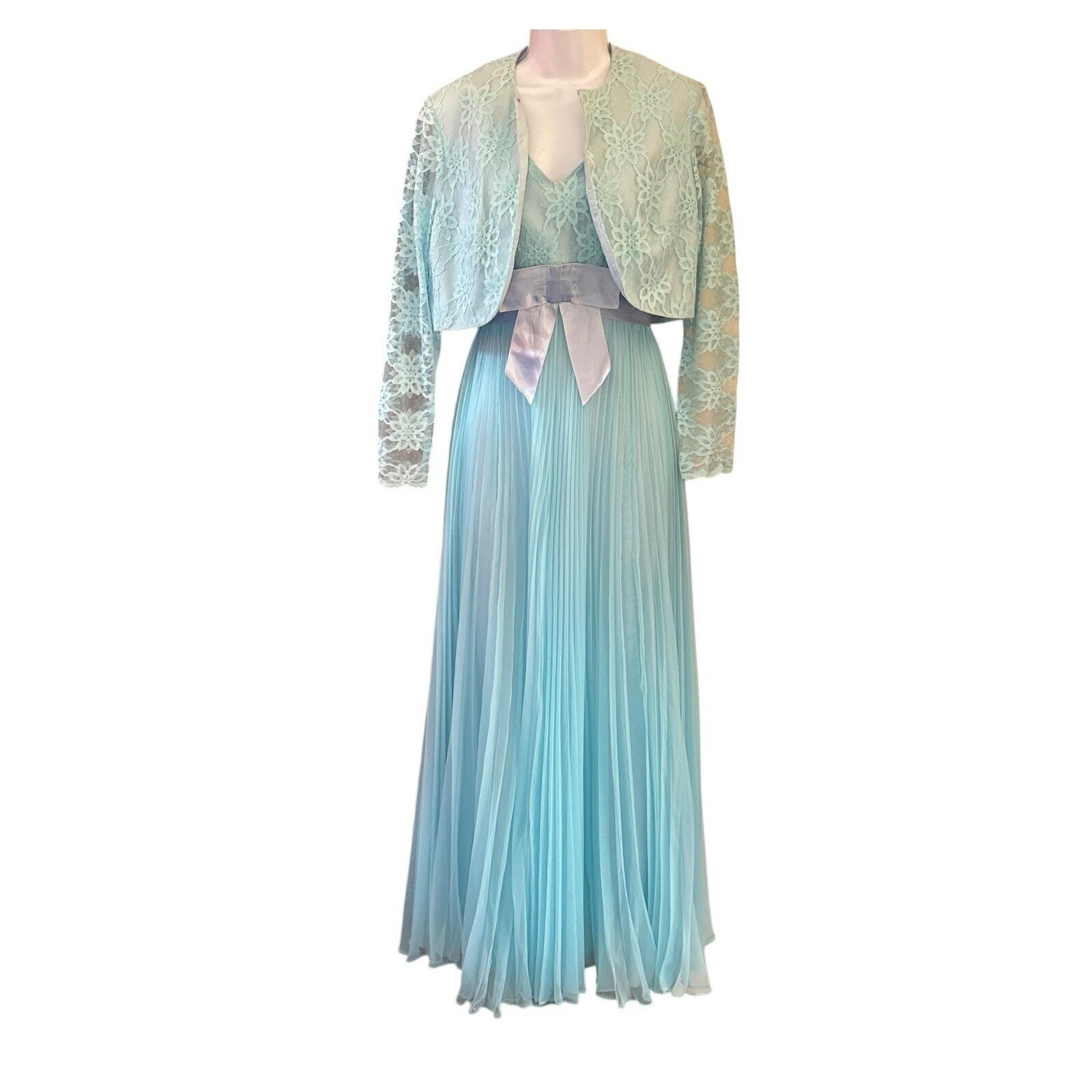 Vintg 60s Miss Elliette Maxi Dress Powder Blue Lace Pleated Regencycore Ethereal