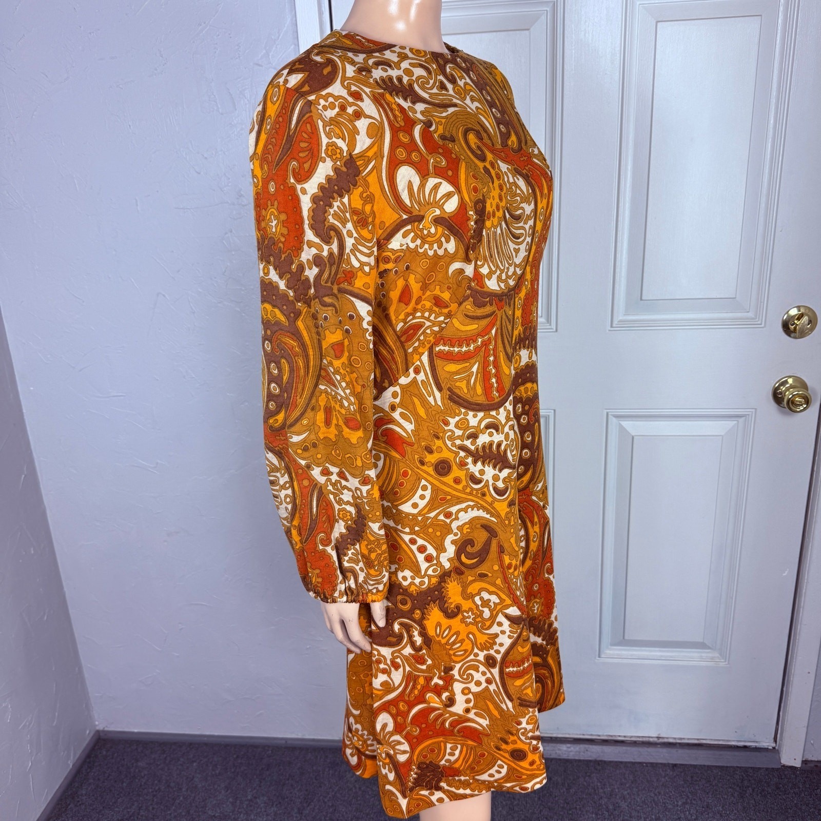 Vintage 70s Unbranded Women’s Dress Wool Paisley Mod Retro Long sleeve L3-20