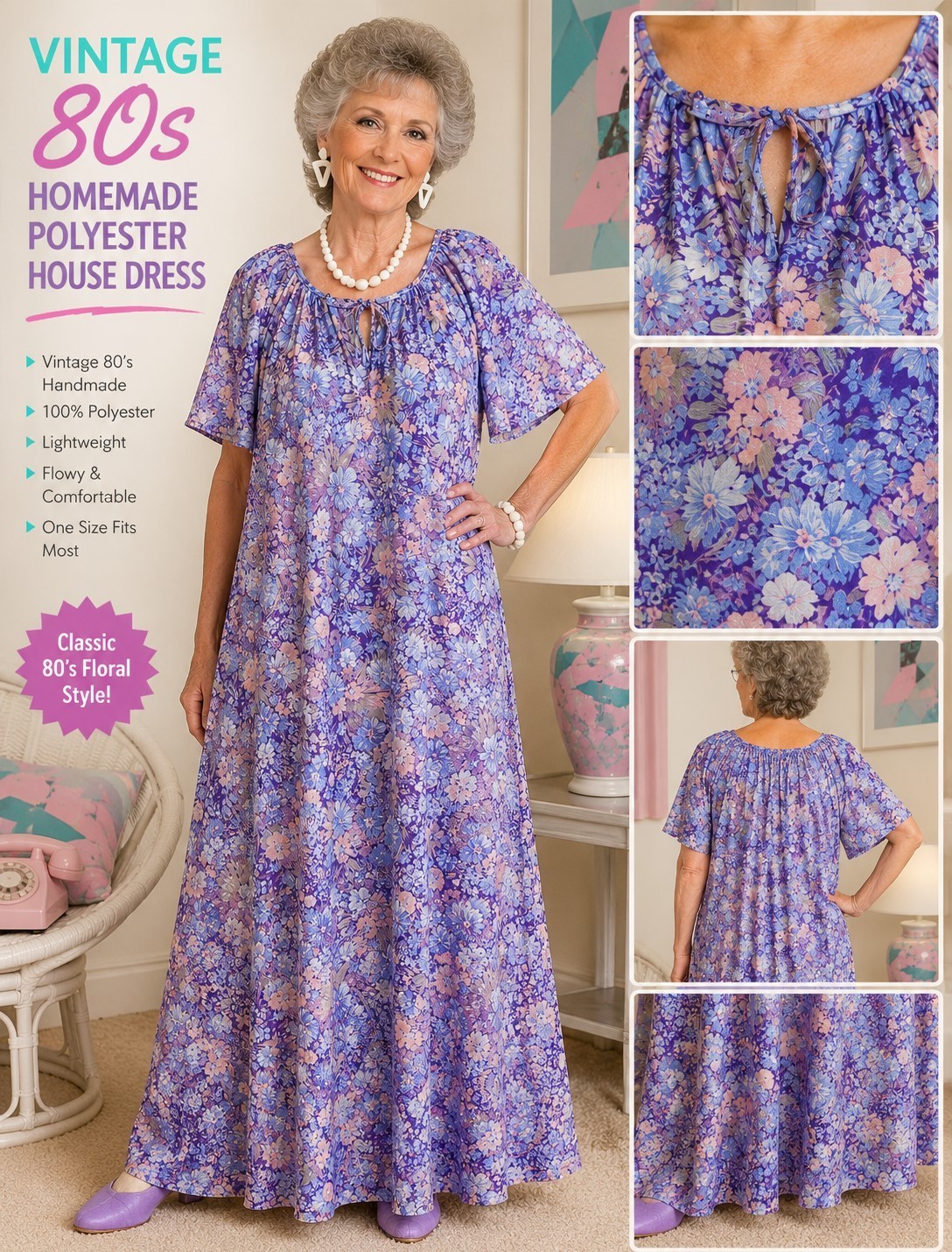 Vintage 80’s Housedress Gown M/L Polyester Homemade Grannycore Maxi Long Purple